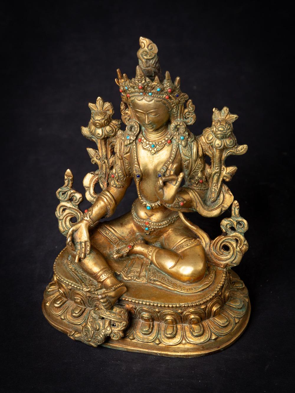 Middle 20th century old bronze Nepali Green Tara statue - 24 krt gold firegilded 8