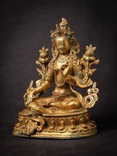 Middle 20th century old bronze Nepali Green Tara statue - 24 krt gold firegilded