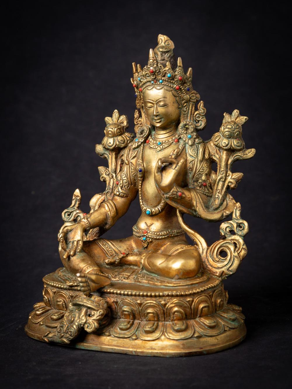 Nepalese Middle 20th century old bronze Nepali Green Tara statue - 24 krt gold firegilded