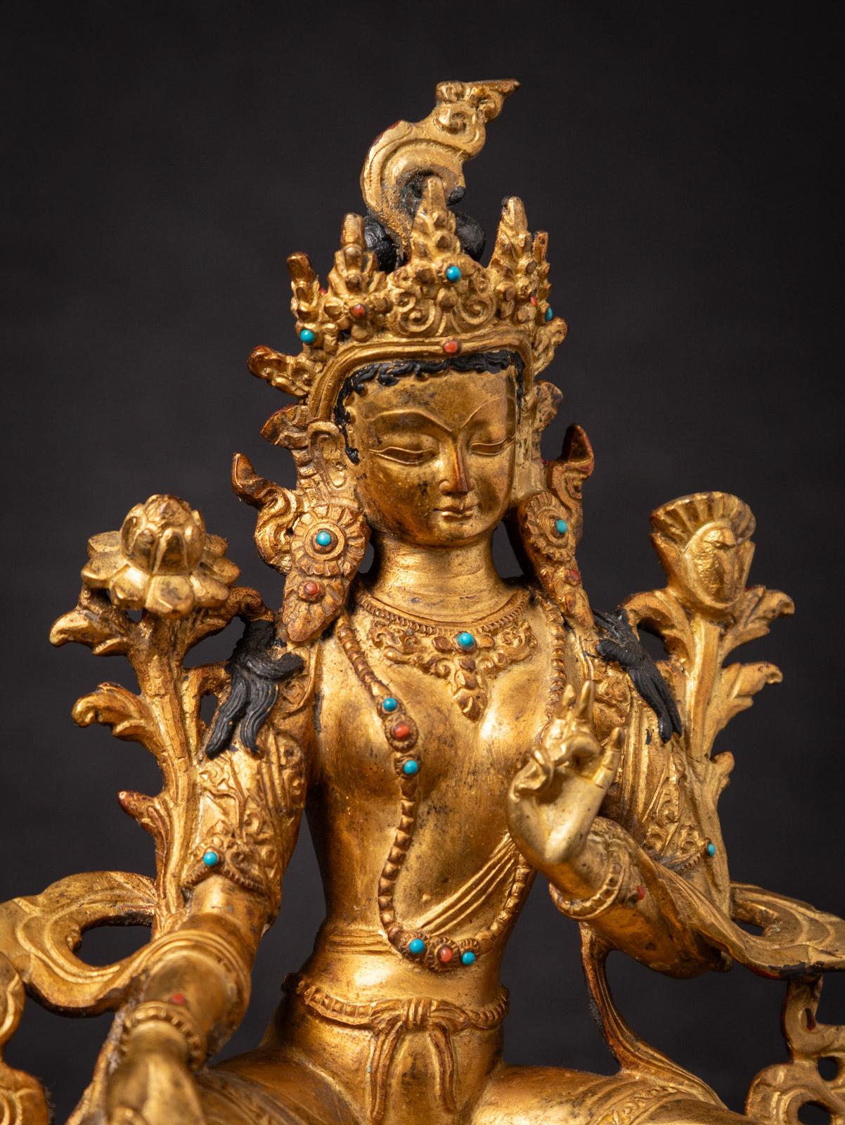 Nepalese Middle 20th century old bronze Nepali Green Tara statue - 24 krt gold firegilded