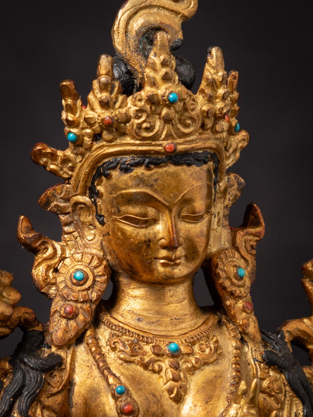 Middle 20th century old bronze Nepali Green Tara statue - 24 krt gold firegilded In Good Condition In DEVENTER, NL