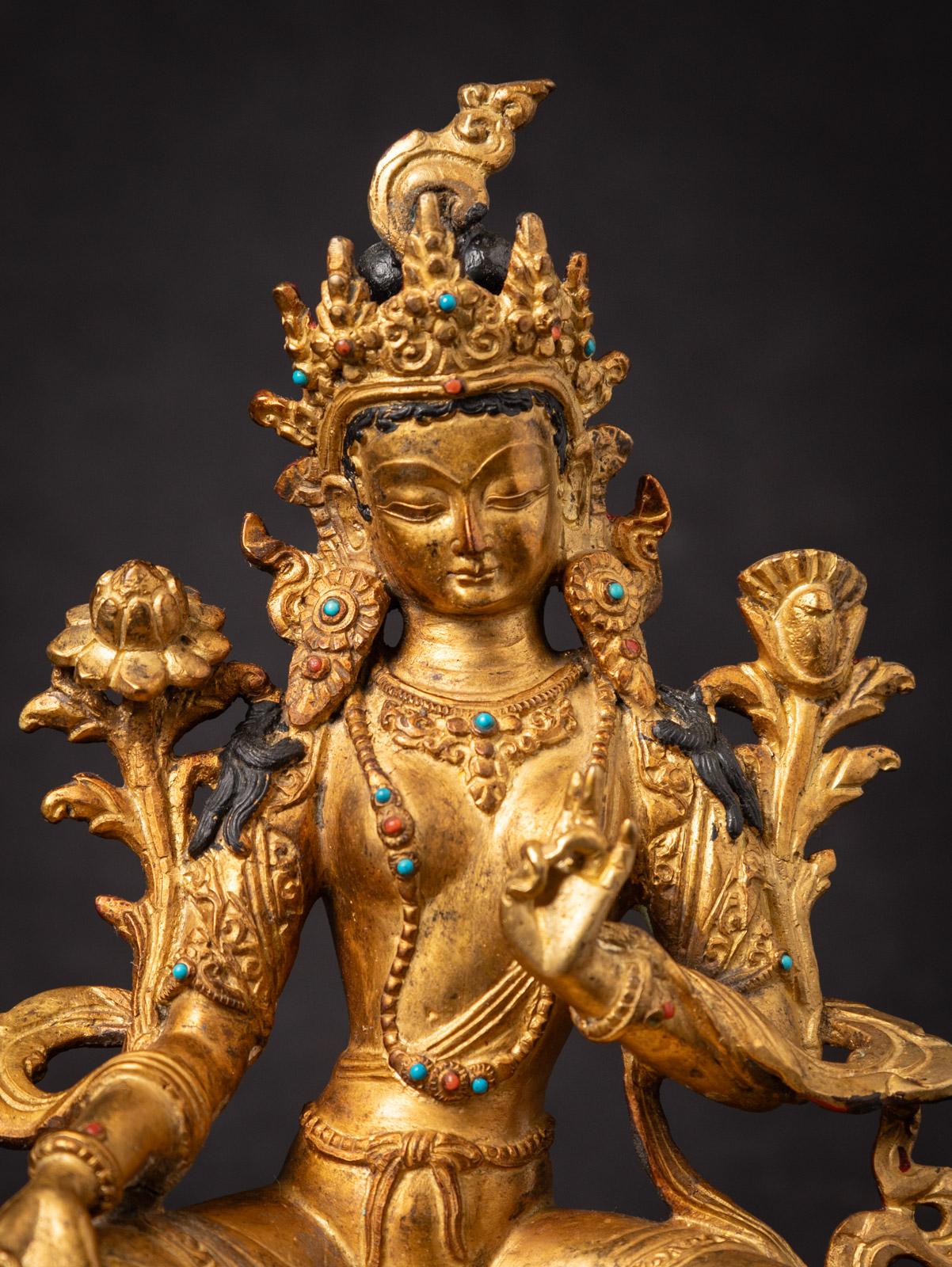 20th Century Middle 20th century old bronze Nepali Green Tara statue - 24 krt gold firegilded