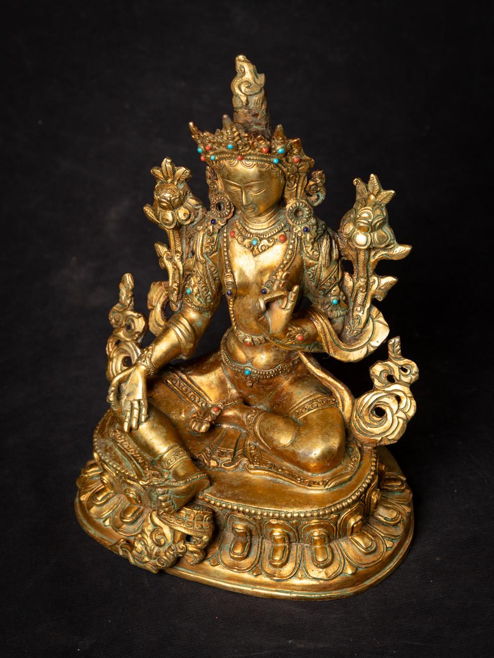 Middle 20th century old bronze Nepali Green Tara statue - 24 krt gold firegilded 1
