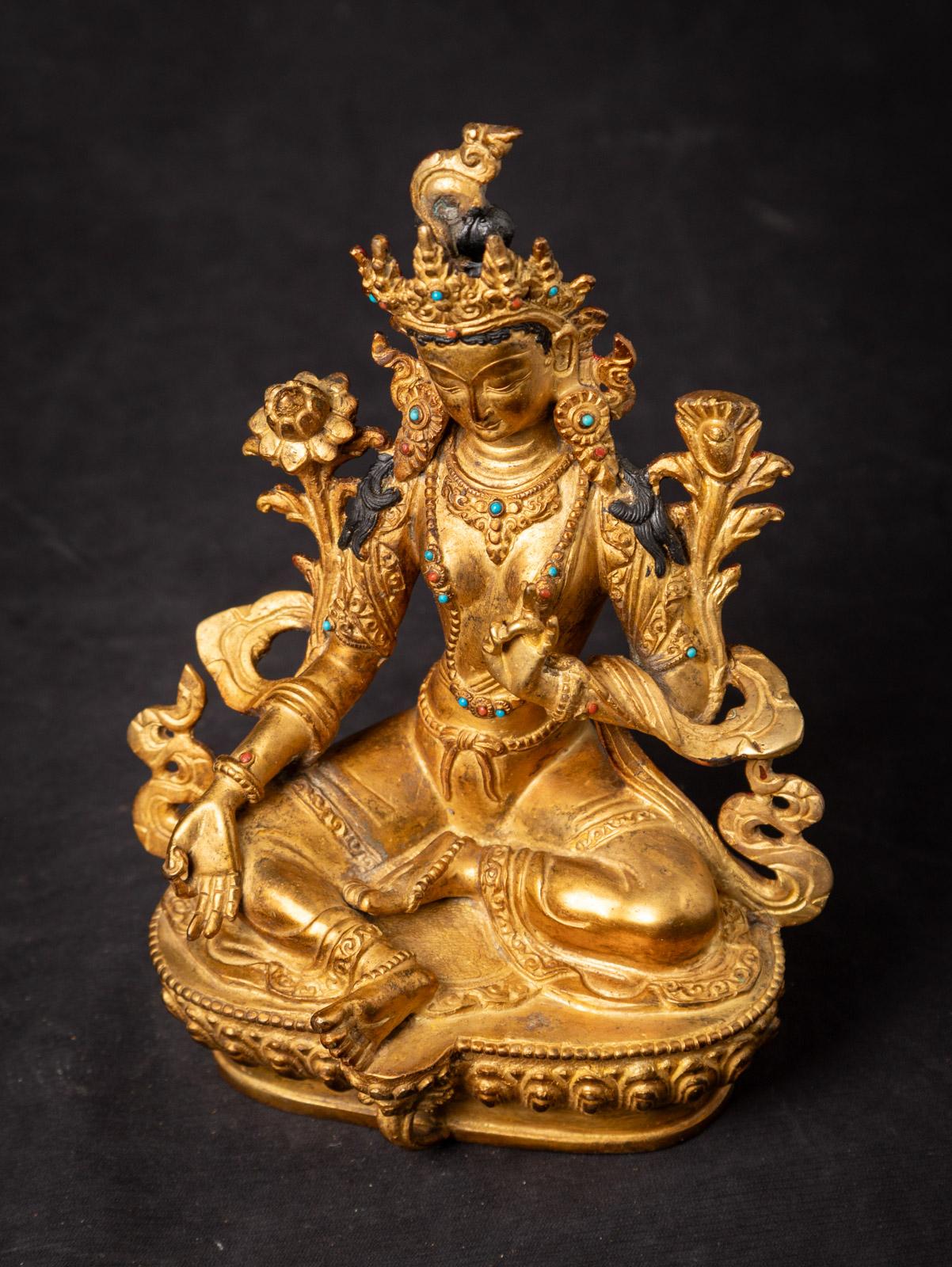 Middle 20th century old bronze Nepali Green Tara statue - 24 krt gold firegilded 3