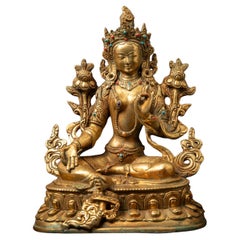 Middle 20th century old bronze Nepali Green Tara statue - 24 krt gold firegilded