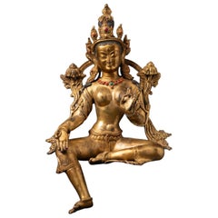 Old Bronze Nepali Green Tara-Statue aus Nepal aus dem mittleren 20. Jahrhundert