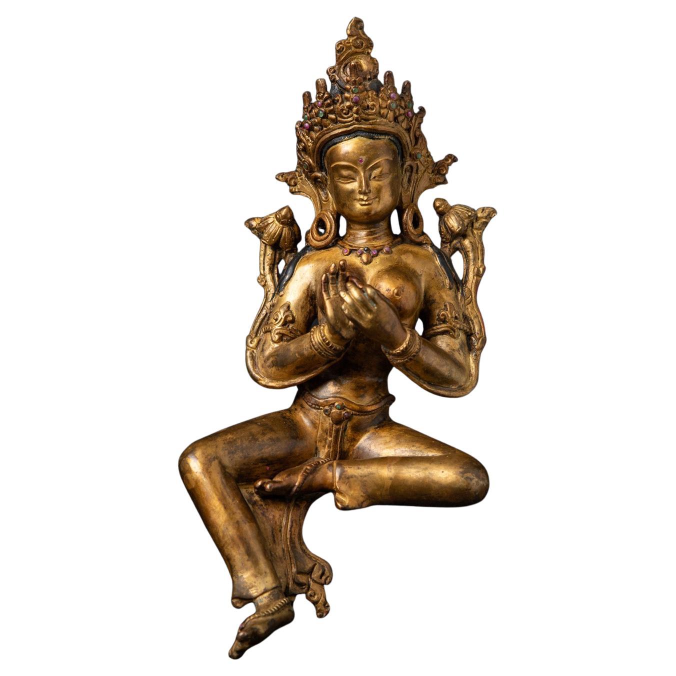 Milieu du XXe siècle Statue de Tara verte népalaise en bronze ancien du Népal