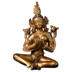 Statue en bronze de Tara verte népalaise du milieu du 20e siècle en Dharmachakra Mudra