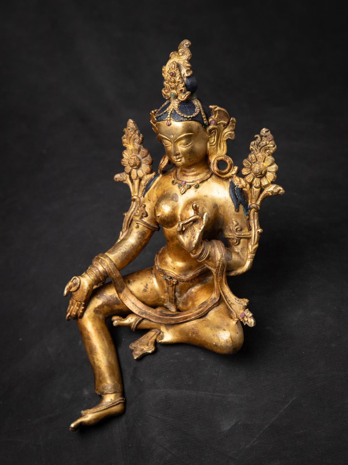Middle 20th century old bronze Nepali Green Tara statue in Vitarka Mudra 7