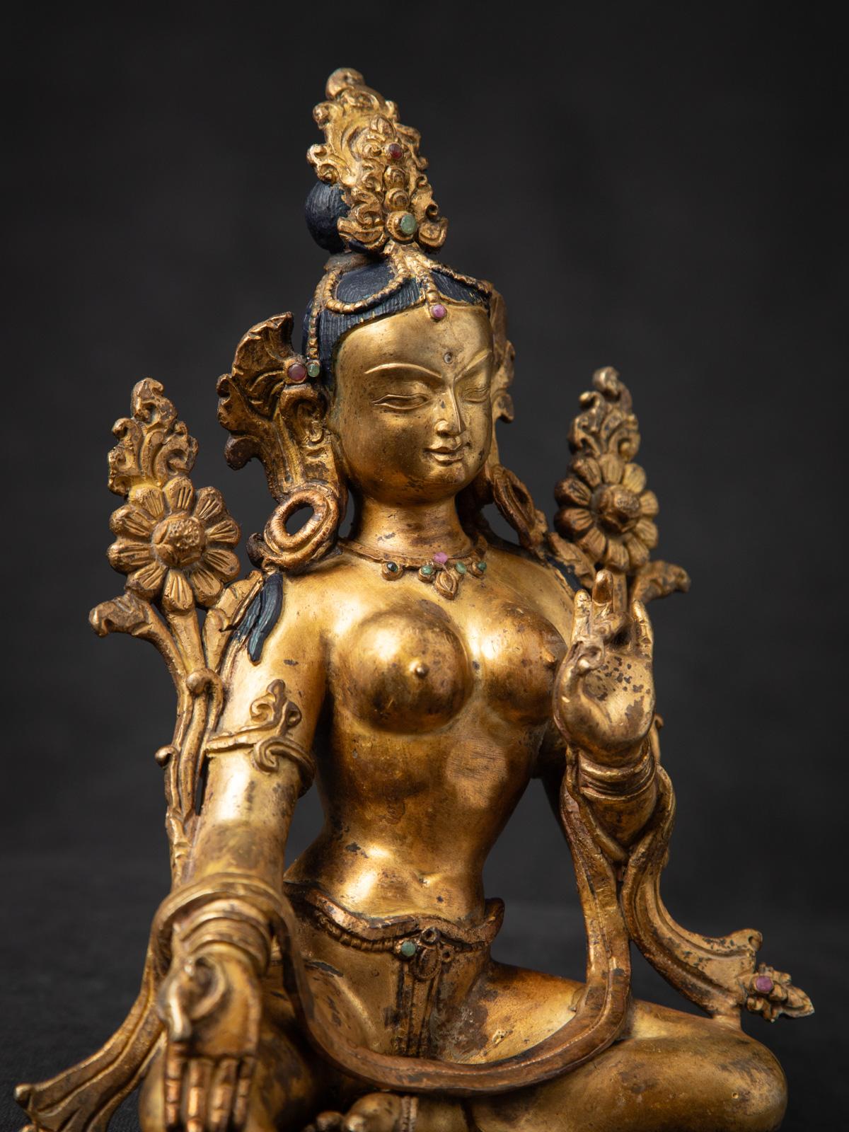 Middle 20th century old bronze Nepali Green Tara statue in Vitarka Mudra 2