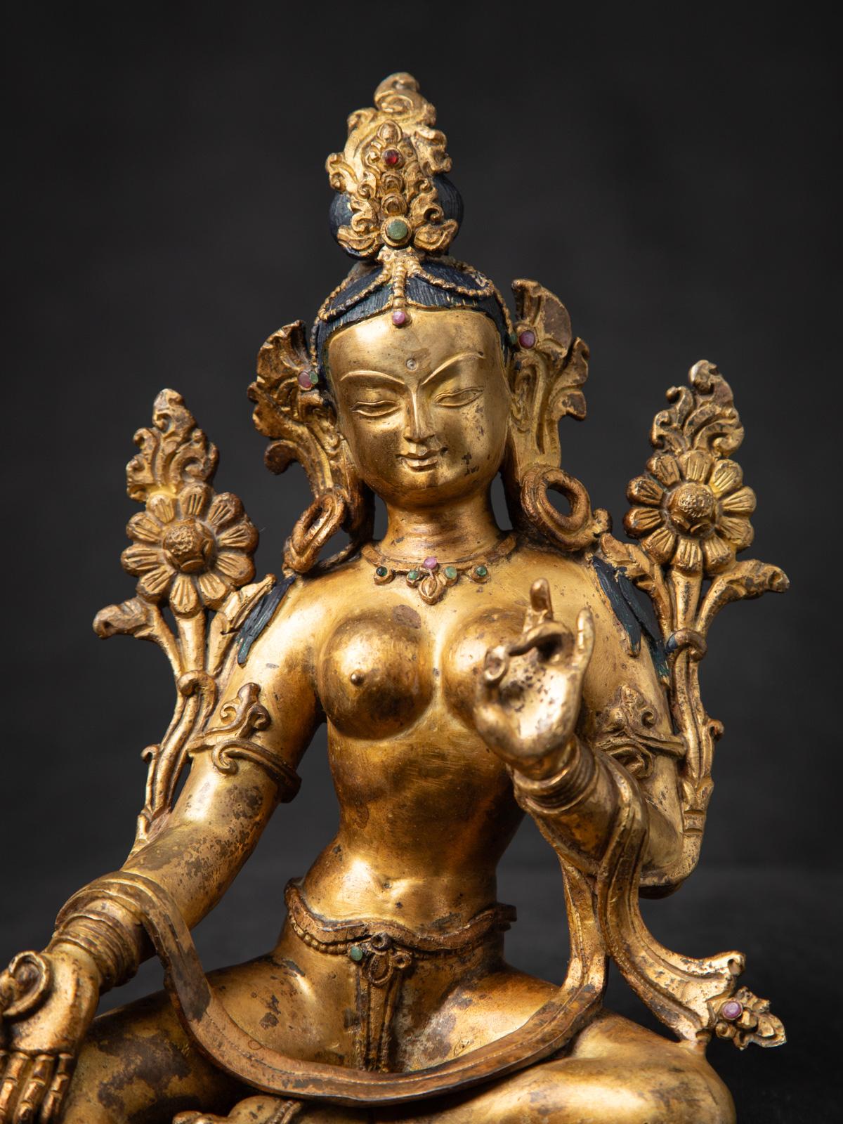 Middle 20th century old bronze Nepali Green Tara statue in Vitarka Mudra 3