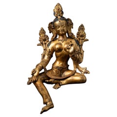 Middle 20th century old bronze Nepali Green Tara statue in Vitarka Mudra