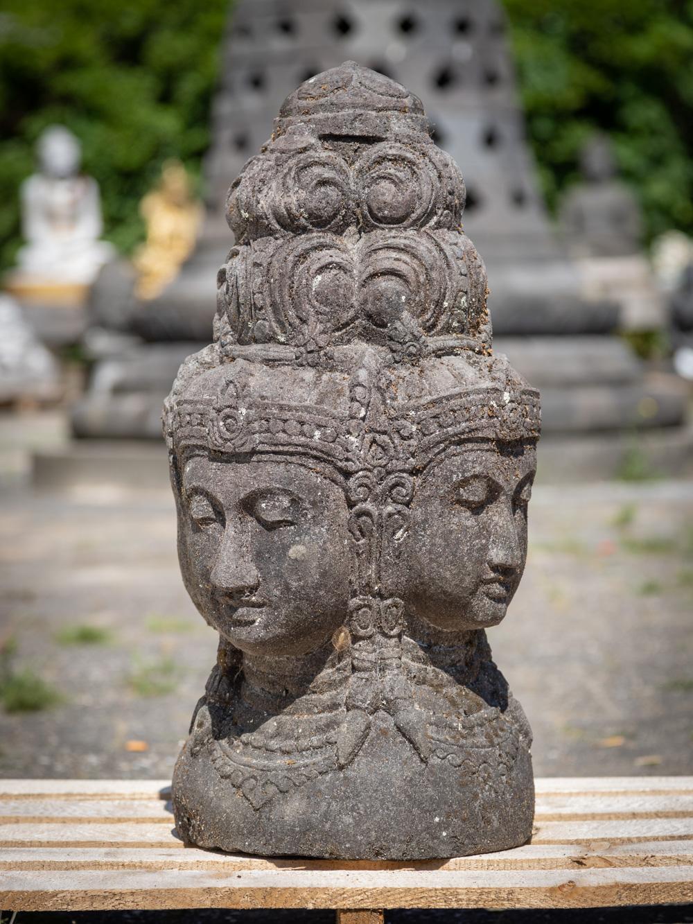 The old lavastone head of the god Brahma with four faces is a truly exceptional and sacred artifact originating from Indonesia. Crafted from lavastone, this lavastone head stands at 65 cm in height and measures 34 cm in both width and depth.