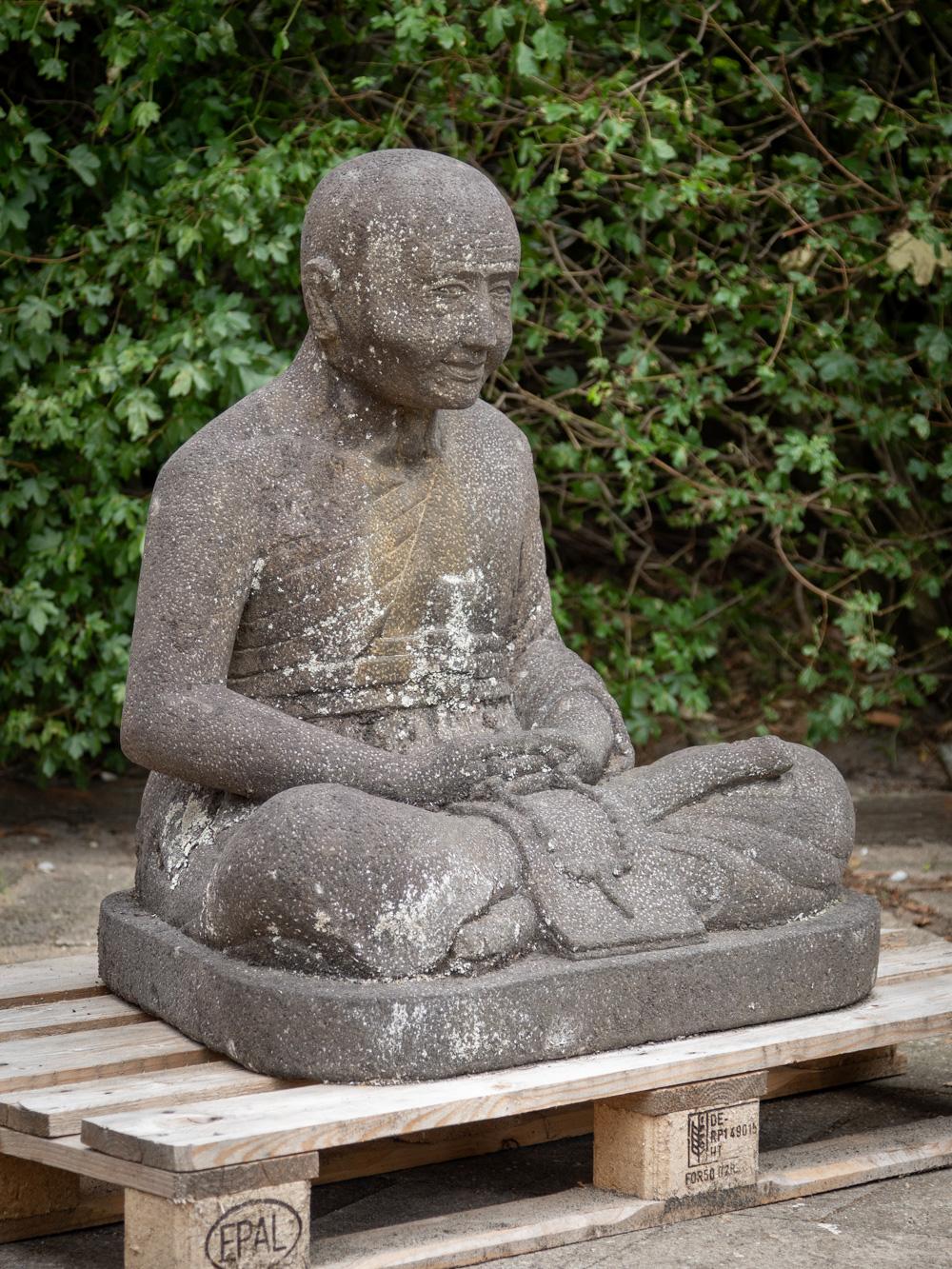 20th Century Middle 20th century old lavastone Monk statue in Dhyana Mudra from Indonesia