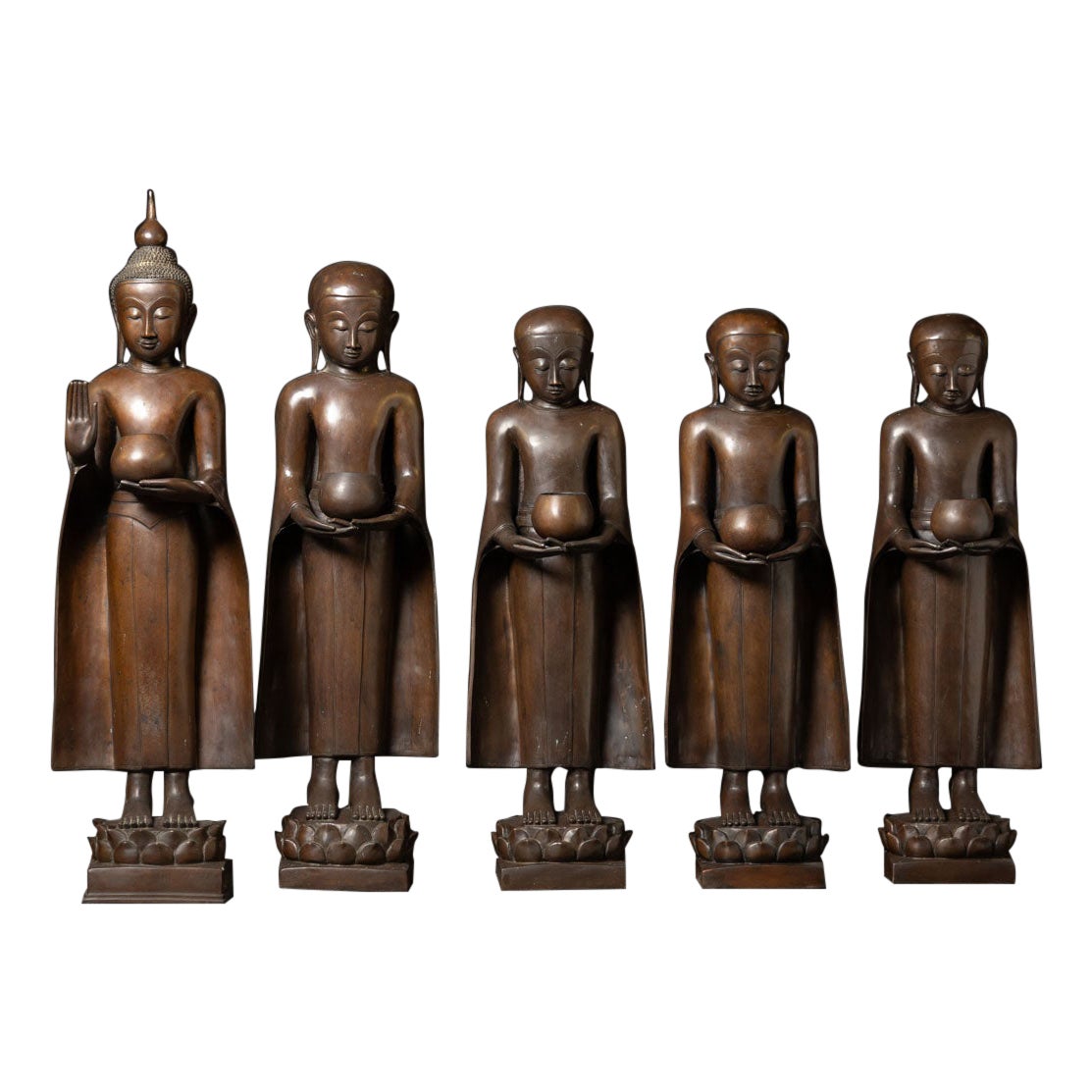 Middle 20th century Set old bronze Buddha with monk statues from Burma