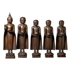 Middle 20th century Set old bronze Buddha with monk statues from Burma