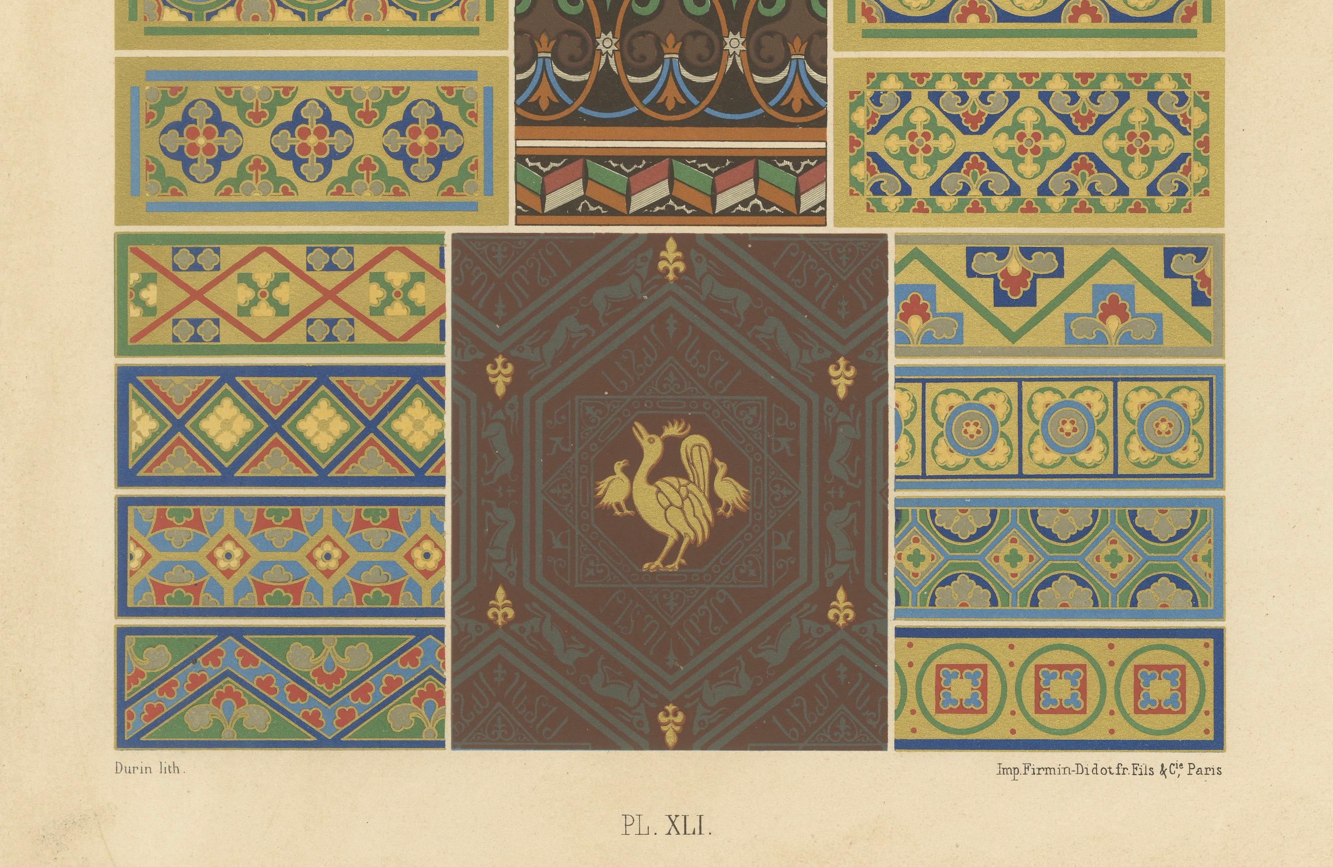 Français Motifs décoratifs du Moyen Âge - Designs de tuiles et de bordures gothiques, c.1869 en vente