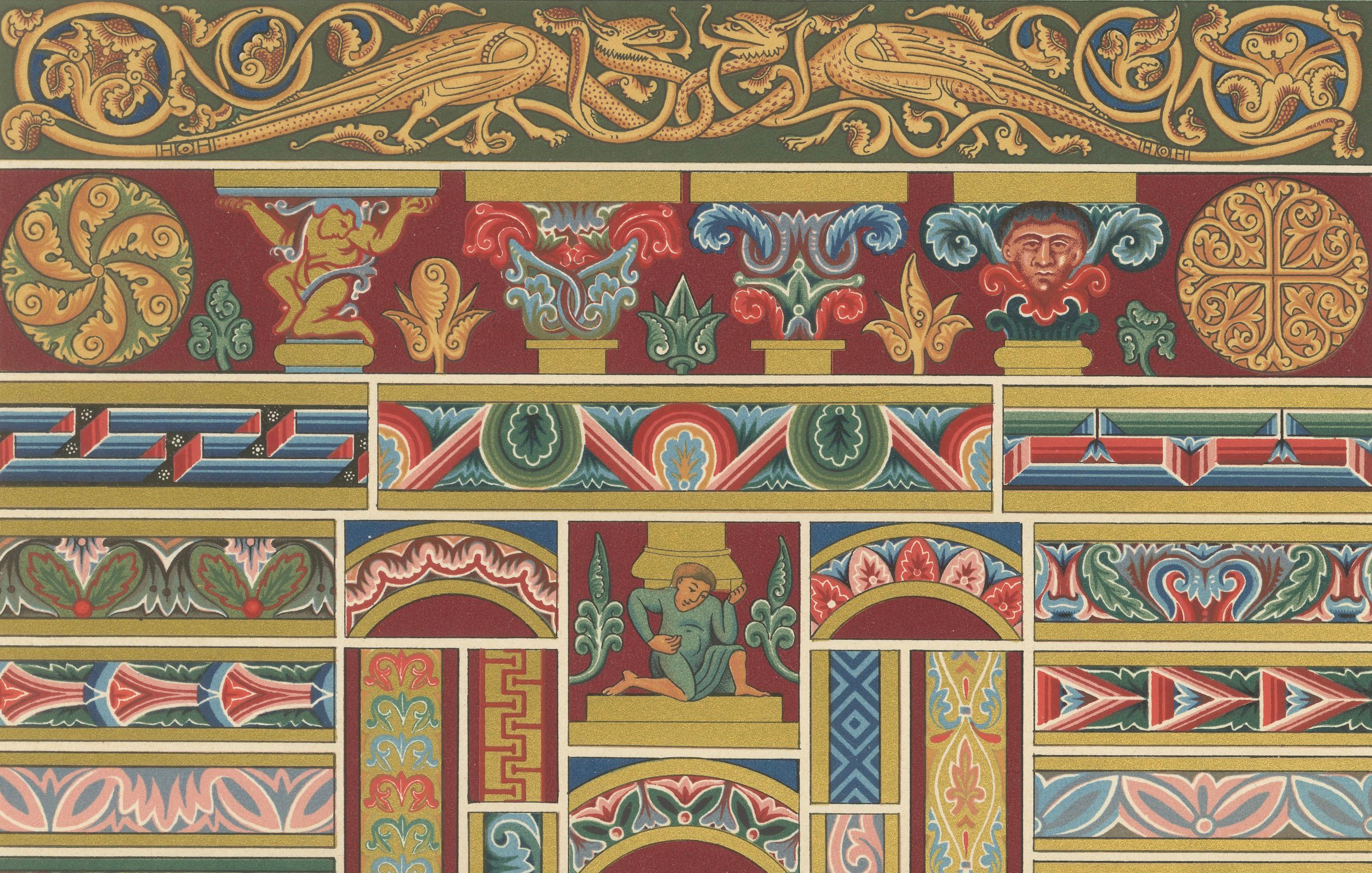 Ornement décoratif du Moyen Âge - Riches bordures et motifs romans, c.1869

La planche XL de L'Ornement Polychrome présente une vibrante compilation d'éléments décoratifs de style roman du Moyen Âge, mettant en valeur l'opulence et la diversité de