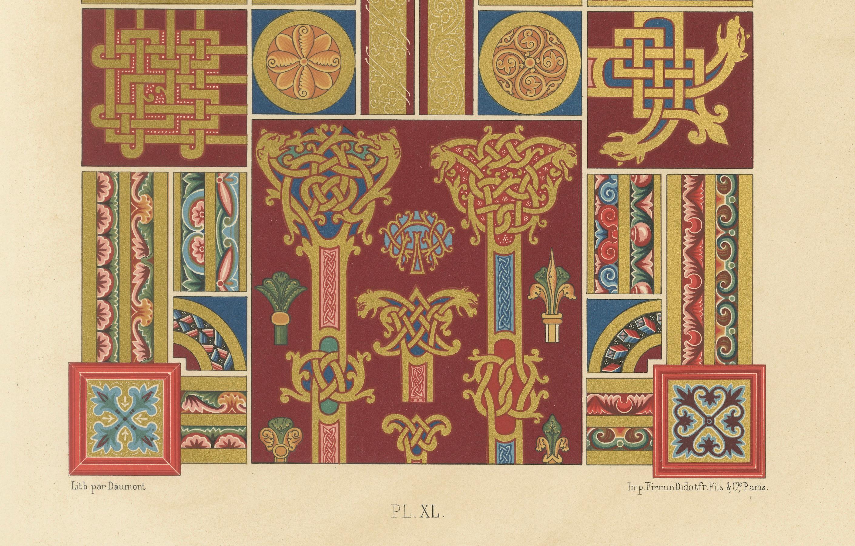 Français Ornement décoratif du Moyen Âge - Riches bordures et motifs romans, c.1869 en vente