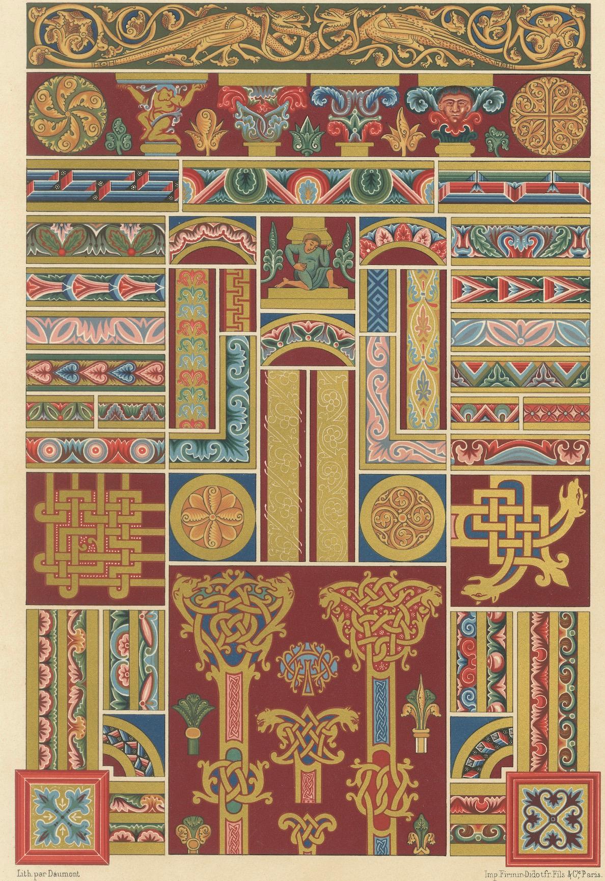 XIXe siècle Ornement décoratif du Moyen Âge - Riches bordures et motifs romans, c.1869 en vente