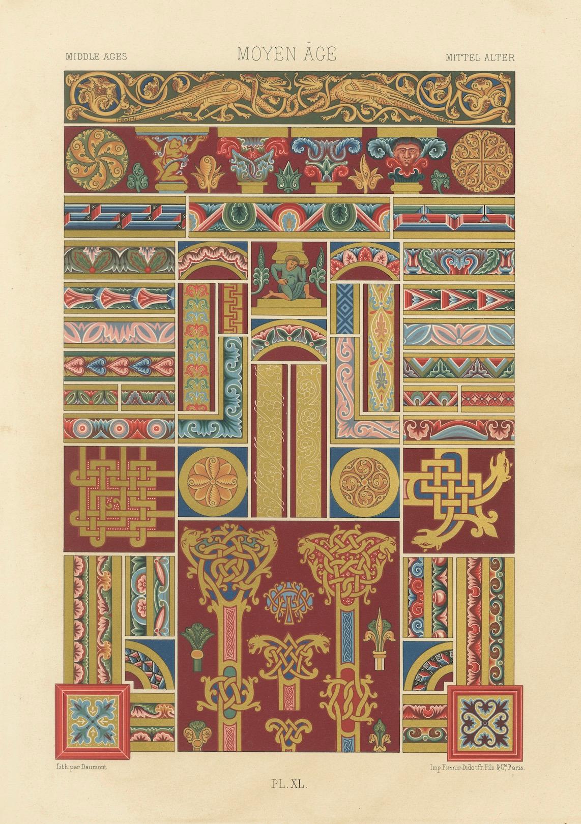 Papier Ornement décoratif du Moyen Âge - Riches bordures et motifs romans, c.1869 en vente