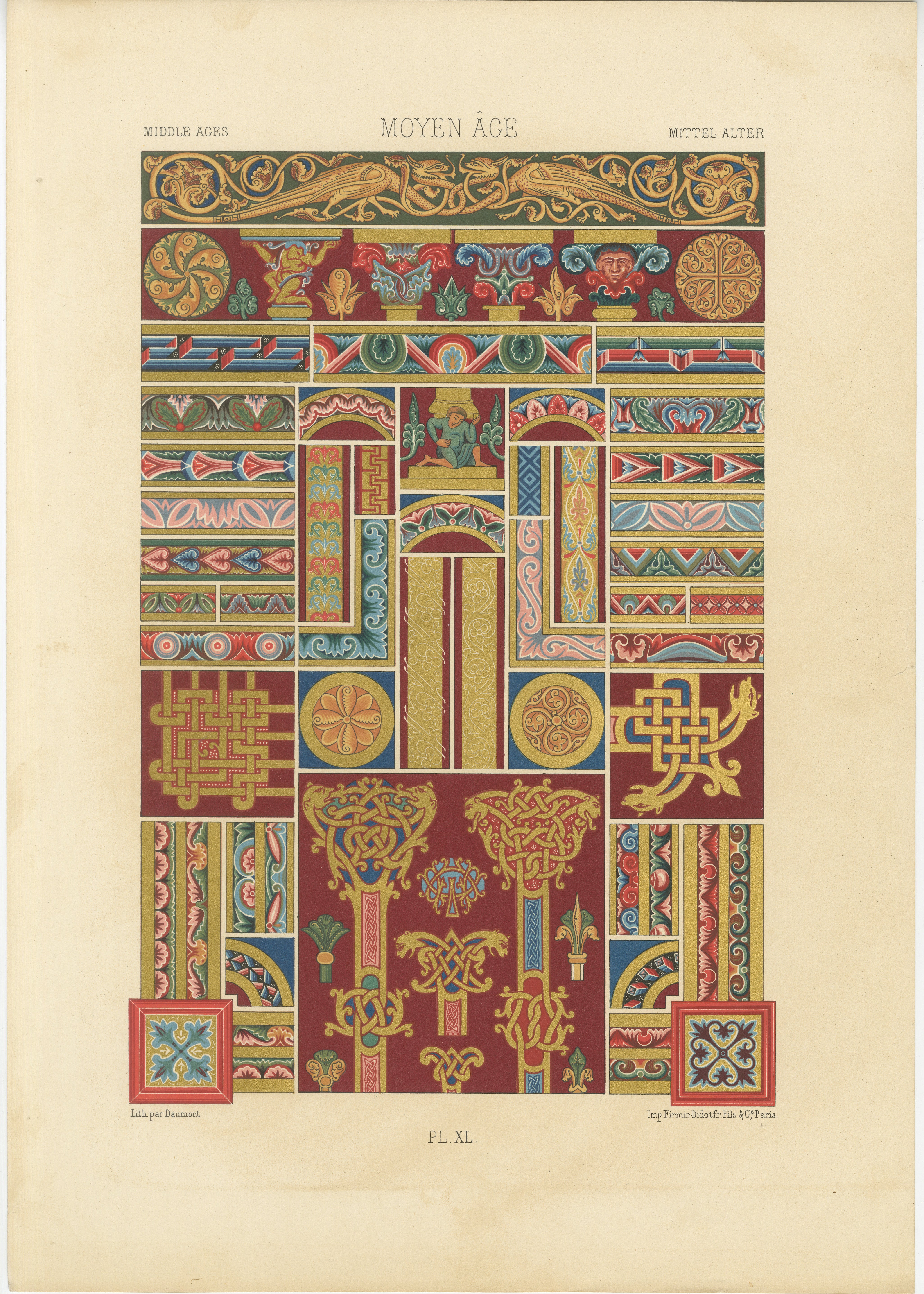 Ornement décoratif du Moyen Âge - Riches bordures et motifs romans, c.1869