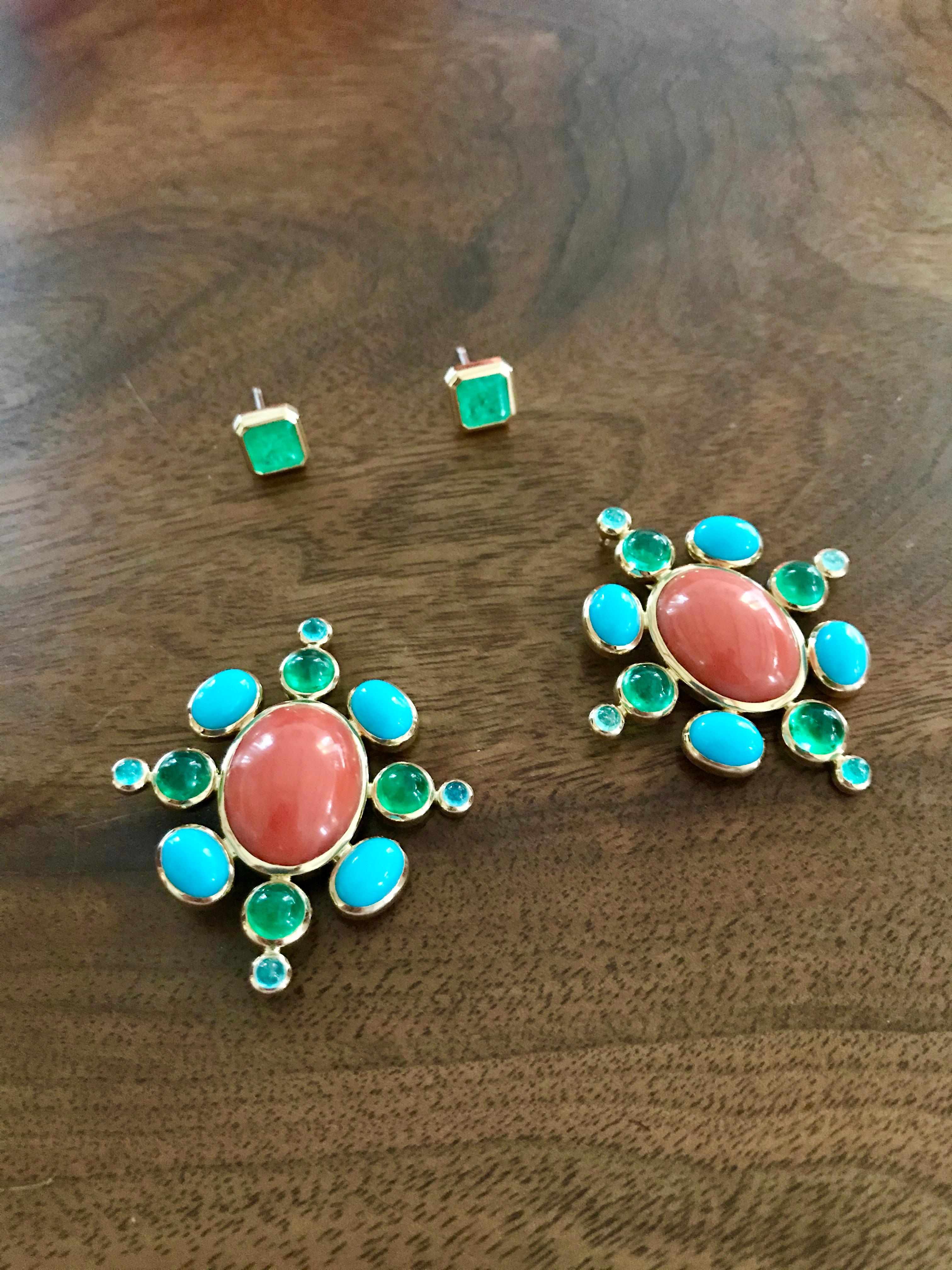 Contemporary Middle Ages Earrings with Corals, Emeralds, Turquoises, and Paraiba Tourmalines