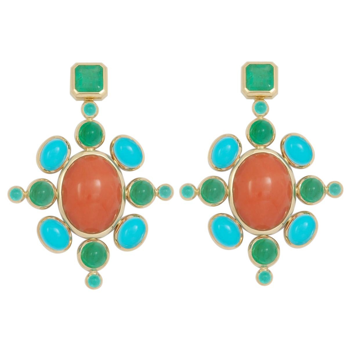 Middle Ages Earrings with Corals, Emeralds, Turquoises, and Paraiba Tourmalines