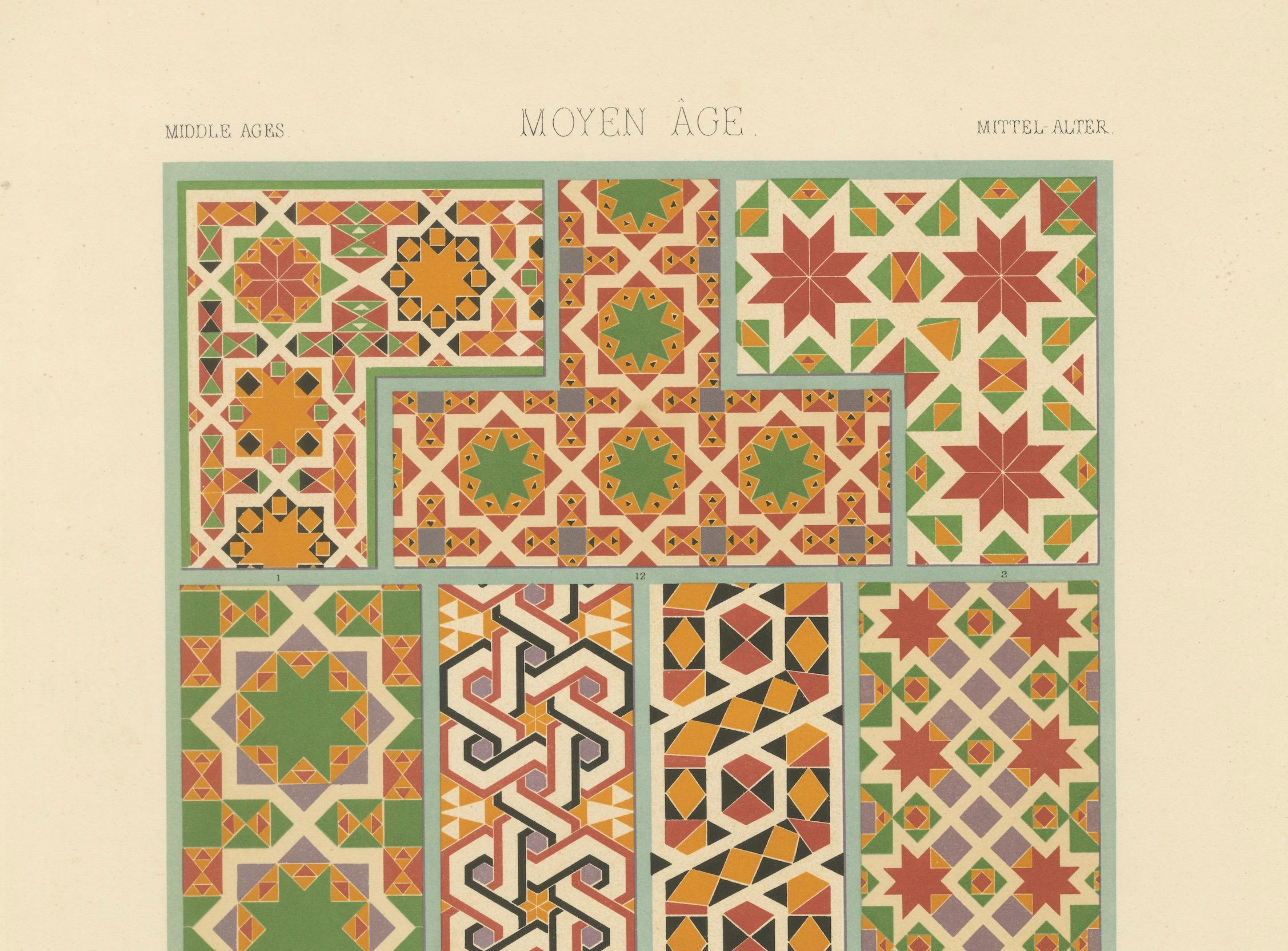 Azulejos geométricos de la Edad Media - Impresión antigua de patrones de mosaico medieval, c.1869 en Bueno estado para la venta en Langweer, NL