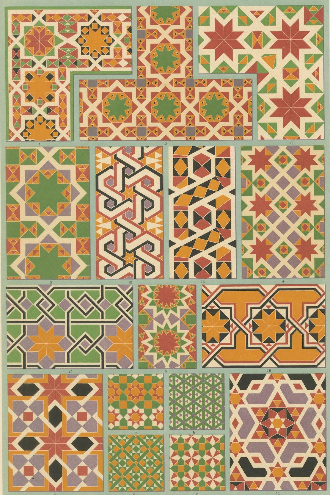 Azulejos geométricos de la Edad Media - Impresión antigua de patrones de mosaico medieval, c.1869 siglo XIX en venta
