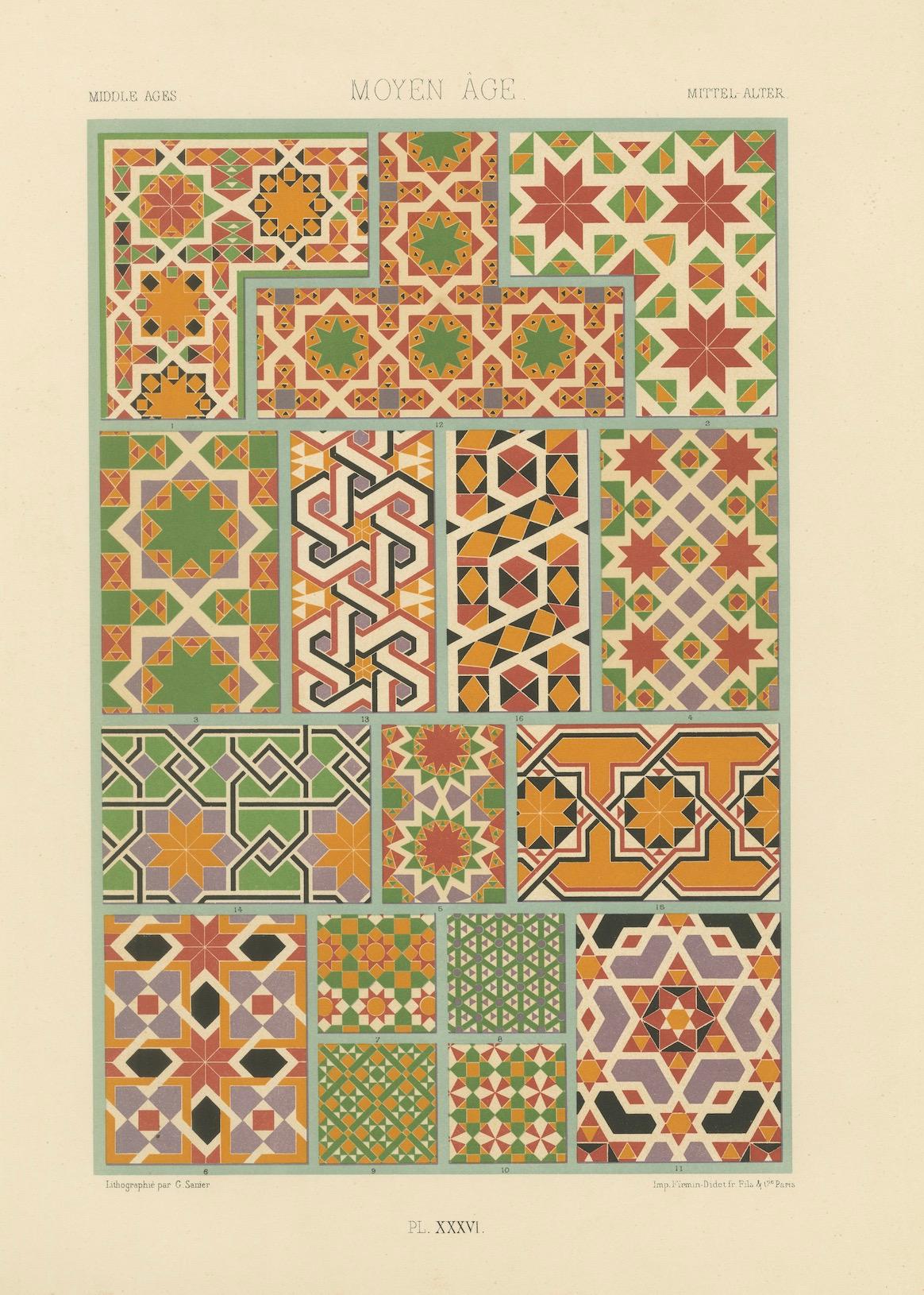 Azulejos geométricos de la Edad Media - Impresión antigua de patrones de mosaico medieval, c.1869 Papel en venta