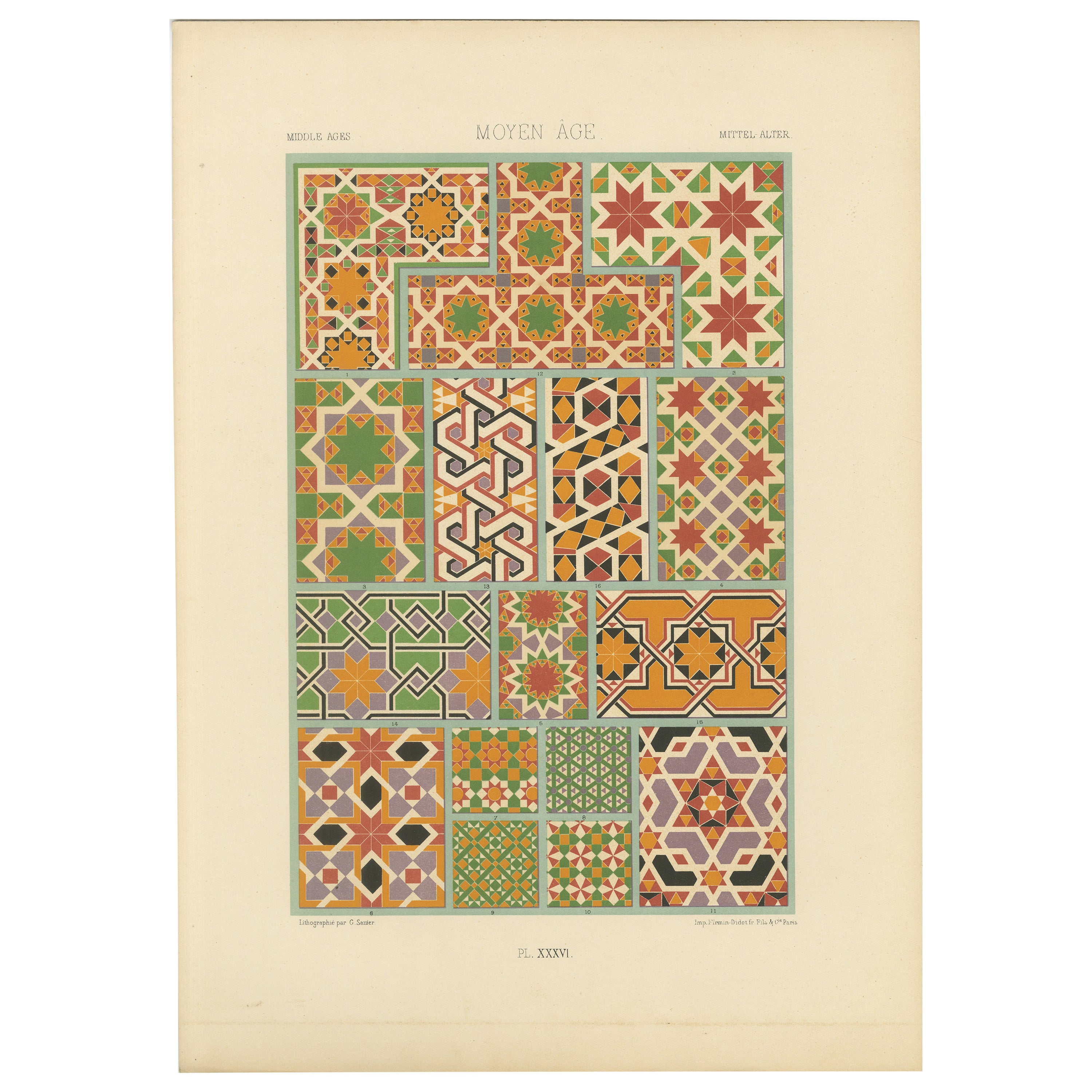 Azulejos geométricos de la Edad Media - Impresión antigua de patrones de mosaico medieval, c.1869