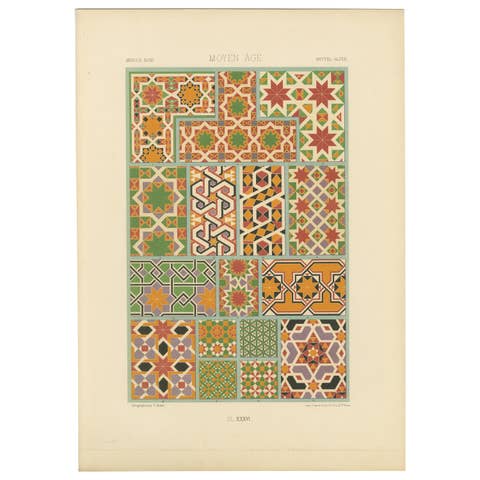 Middle Ages Geometric Tiles – Antique Print of Medieval Mosaic Patterns, c.1869