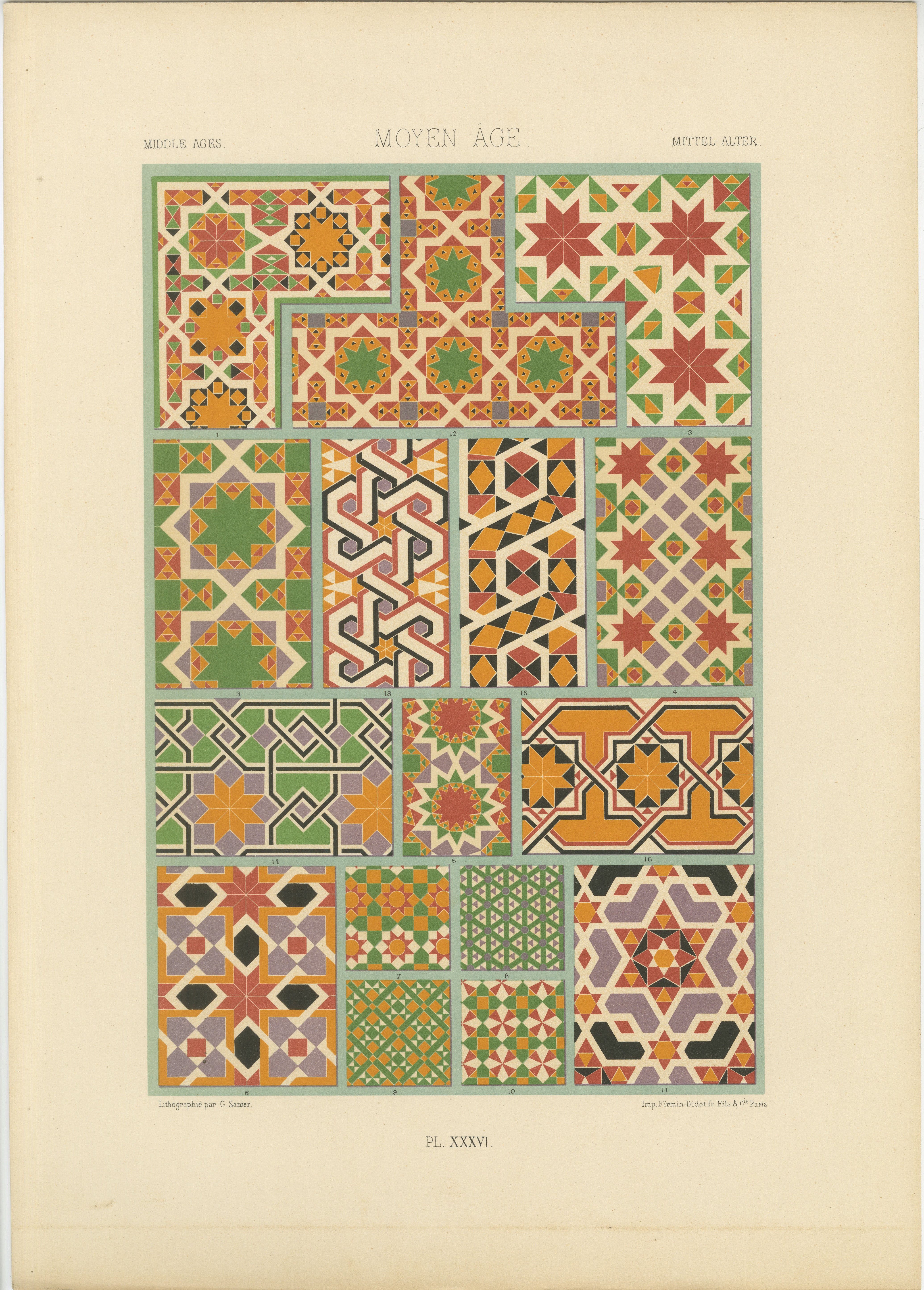 Azulejos geométricos de la Edad Media - Impresión antigua de patrones de mosaico medieval, c.1869 en venta