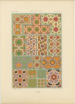 Azulejos geométricos de la Edad Media - Impresión antigua de patrones de mosaico medieval, c.1869