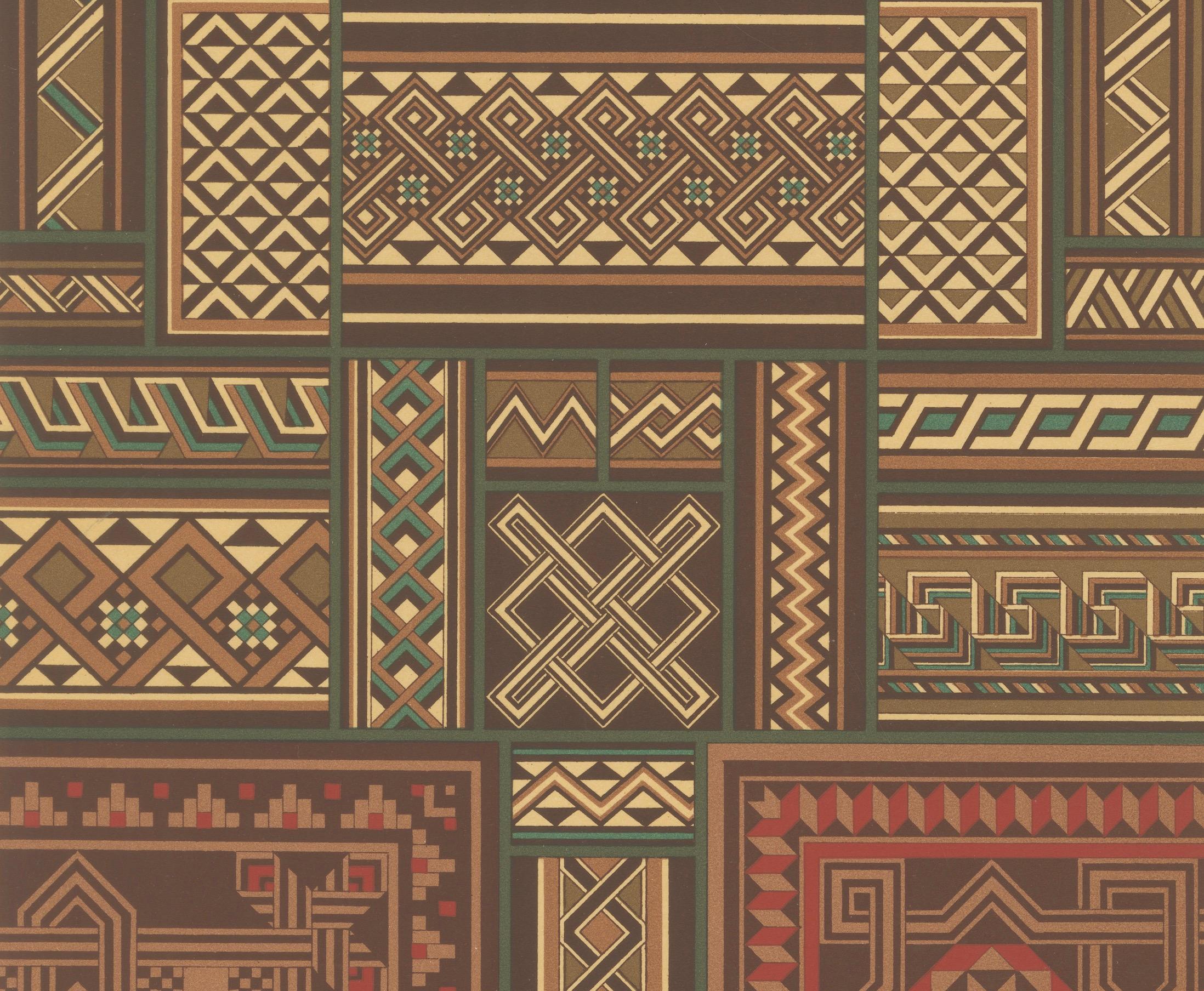 Motivi di intreccio del Medioevo - Stampa antica di motivi di nodi medievali, 1869 ca.

Questa antica cromolitografia tratta dal Piatto XXXVII de L'Ornement Polychrome presenta una ricca compilazione di intrecci medievali e motivi geometrici, tipici
