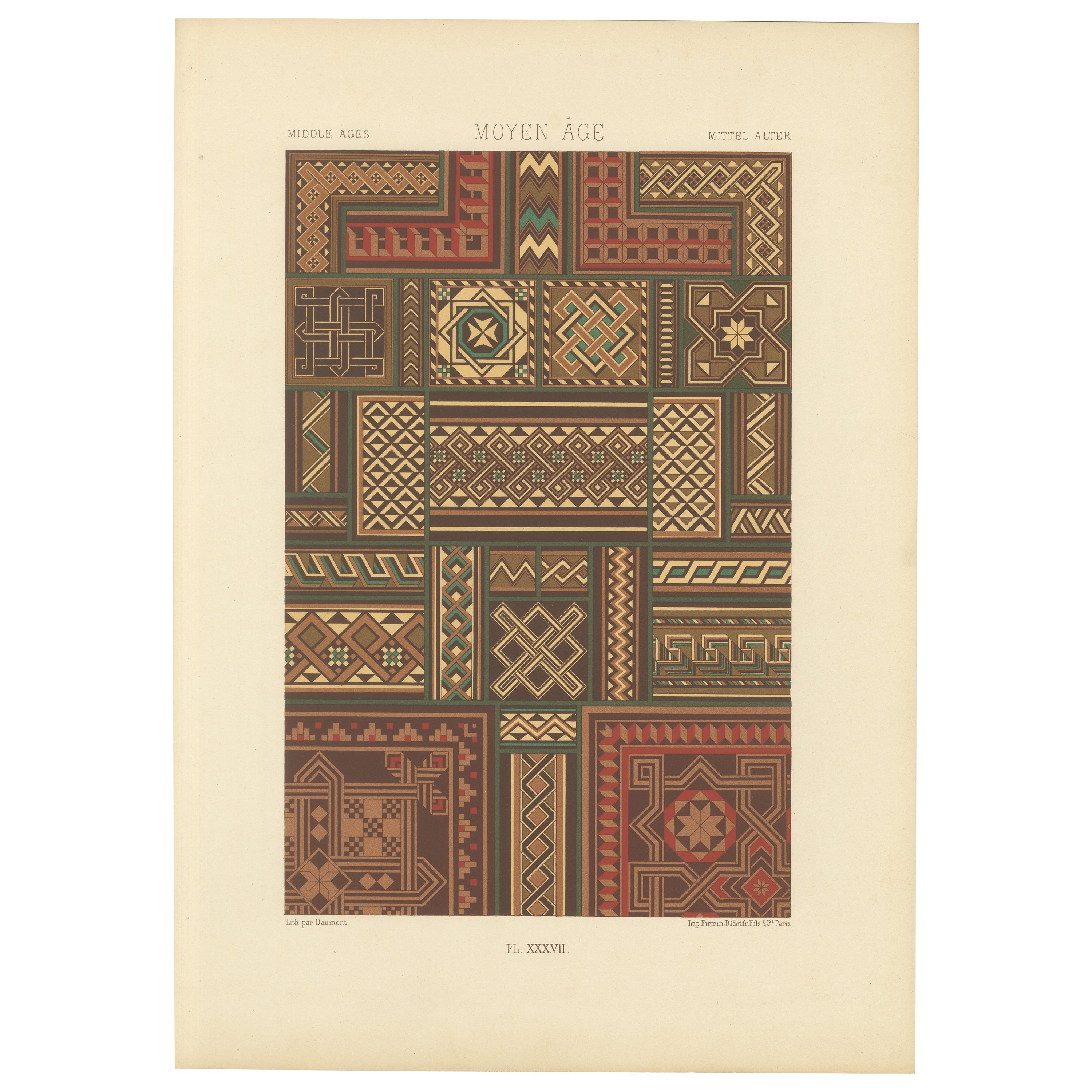 Motifs d'entrelacs du Moyen-Âge - Impression ancienne de motifs d'entrelacs médiévaux, 1869 en vente