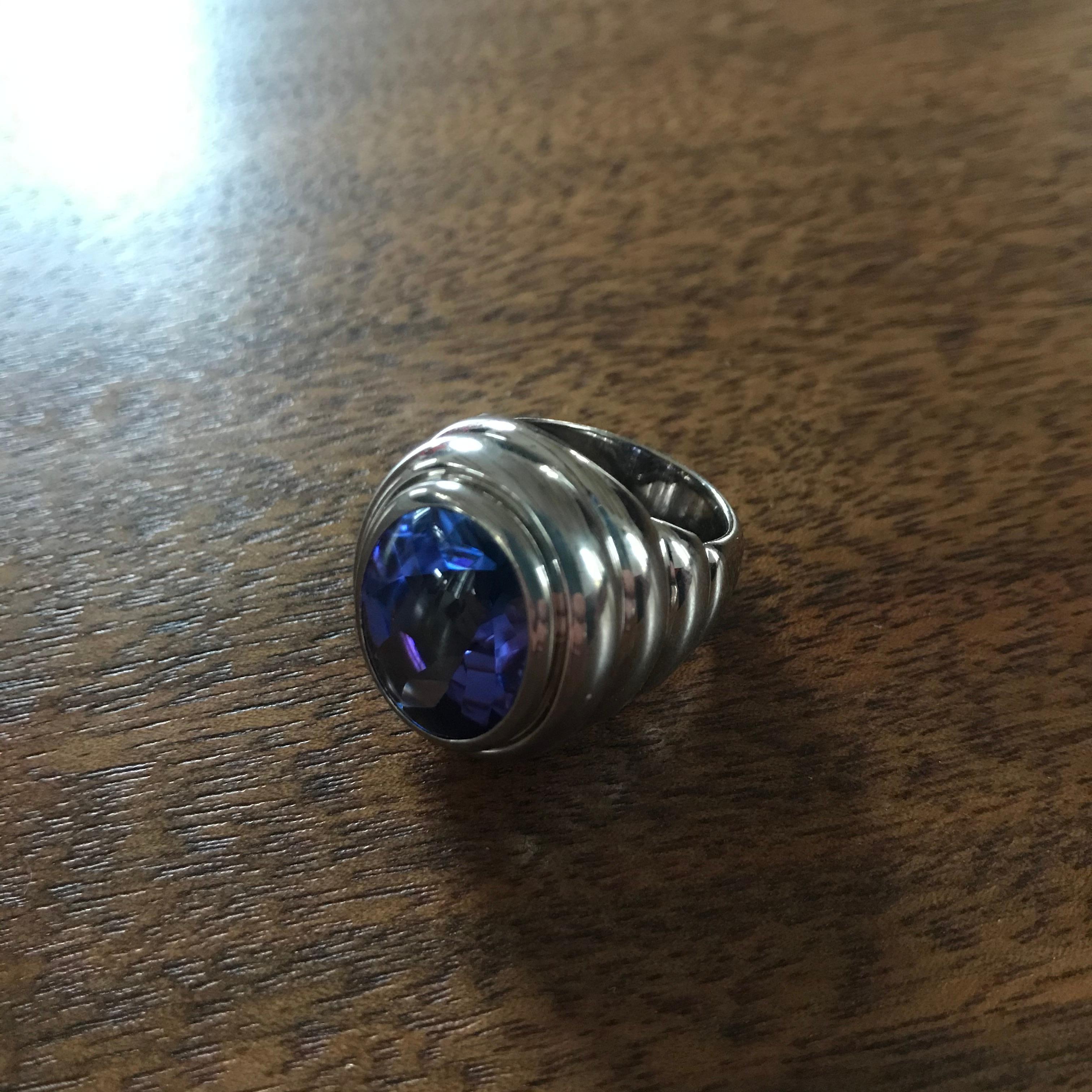 Contemporary Middle Ages Ring, 18 Karat White Gold, Tanzanite 12.05 Carat For Sale