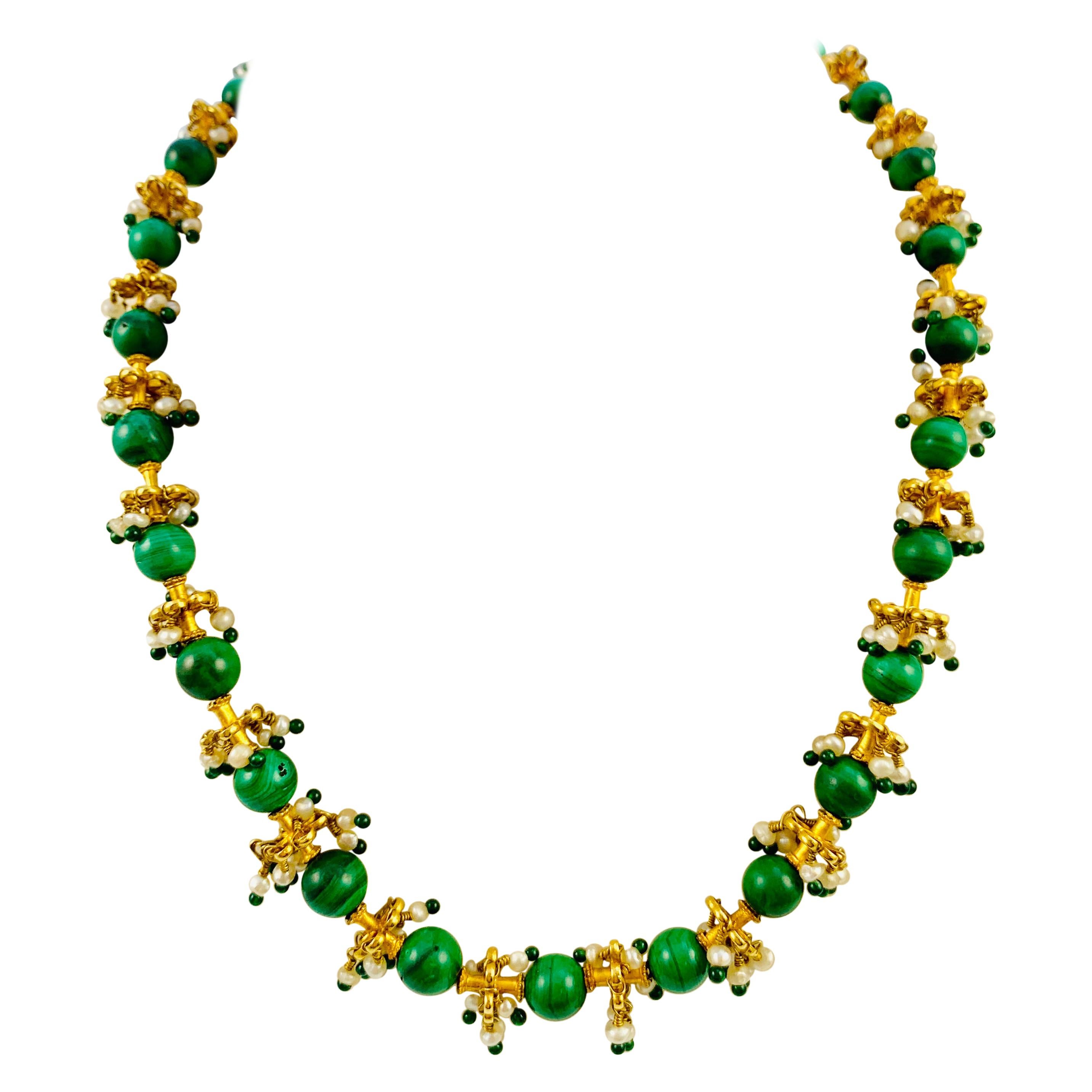 Middle Eastern 22 Karat Yellow Gold, Malachite, Pearl and Emerald Bead Necklace