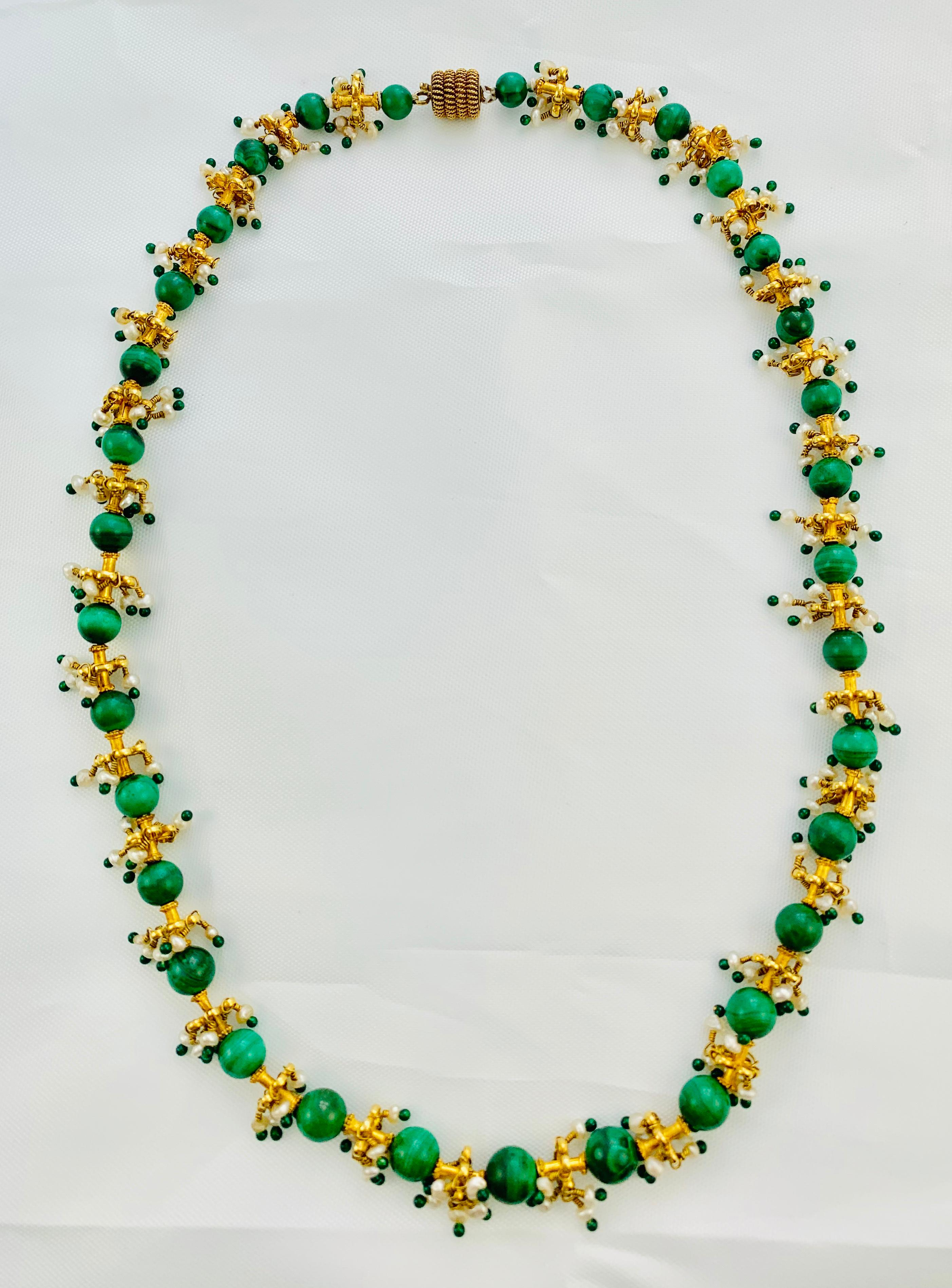 Middle Eastern 22 Karat Yellow Gold, Malachite, Pearl and Emerald Bead Necklace 2