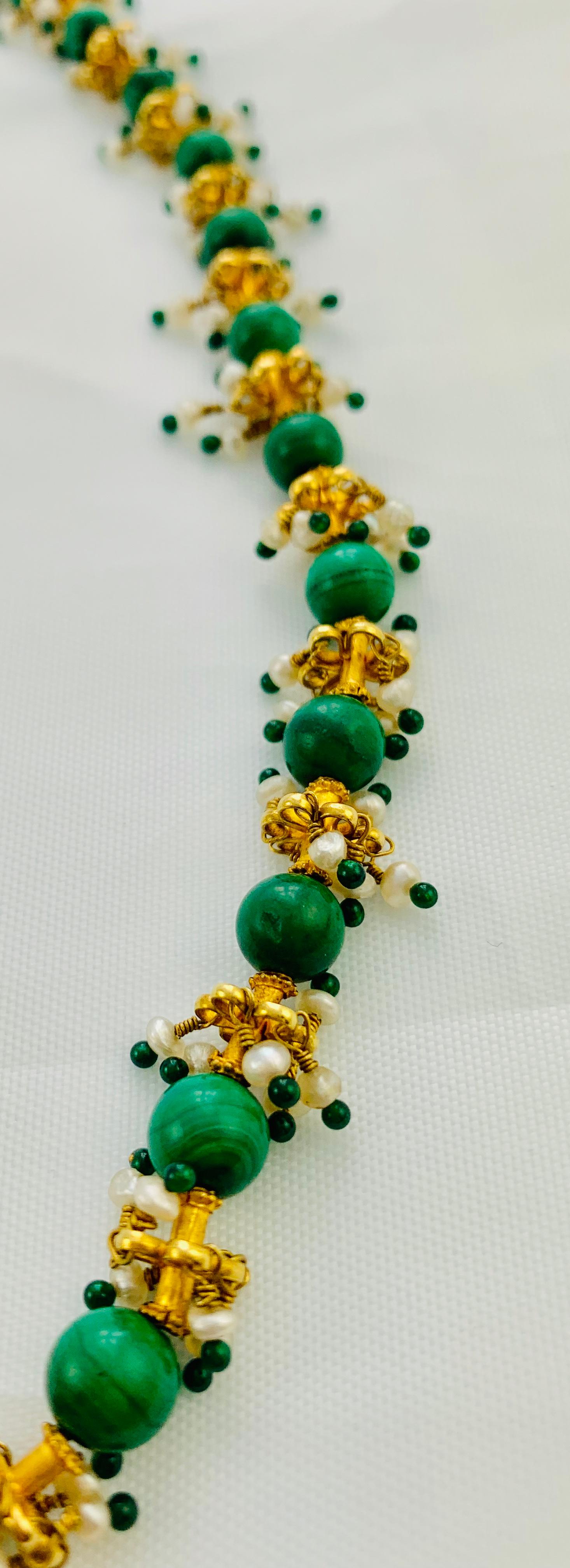 Middle Eastern 22 Karat Yellow Gold, Malachite, Pearl and Emerald Bead Necklace 3