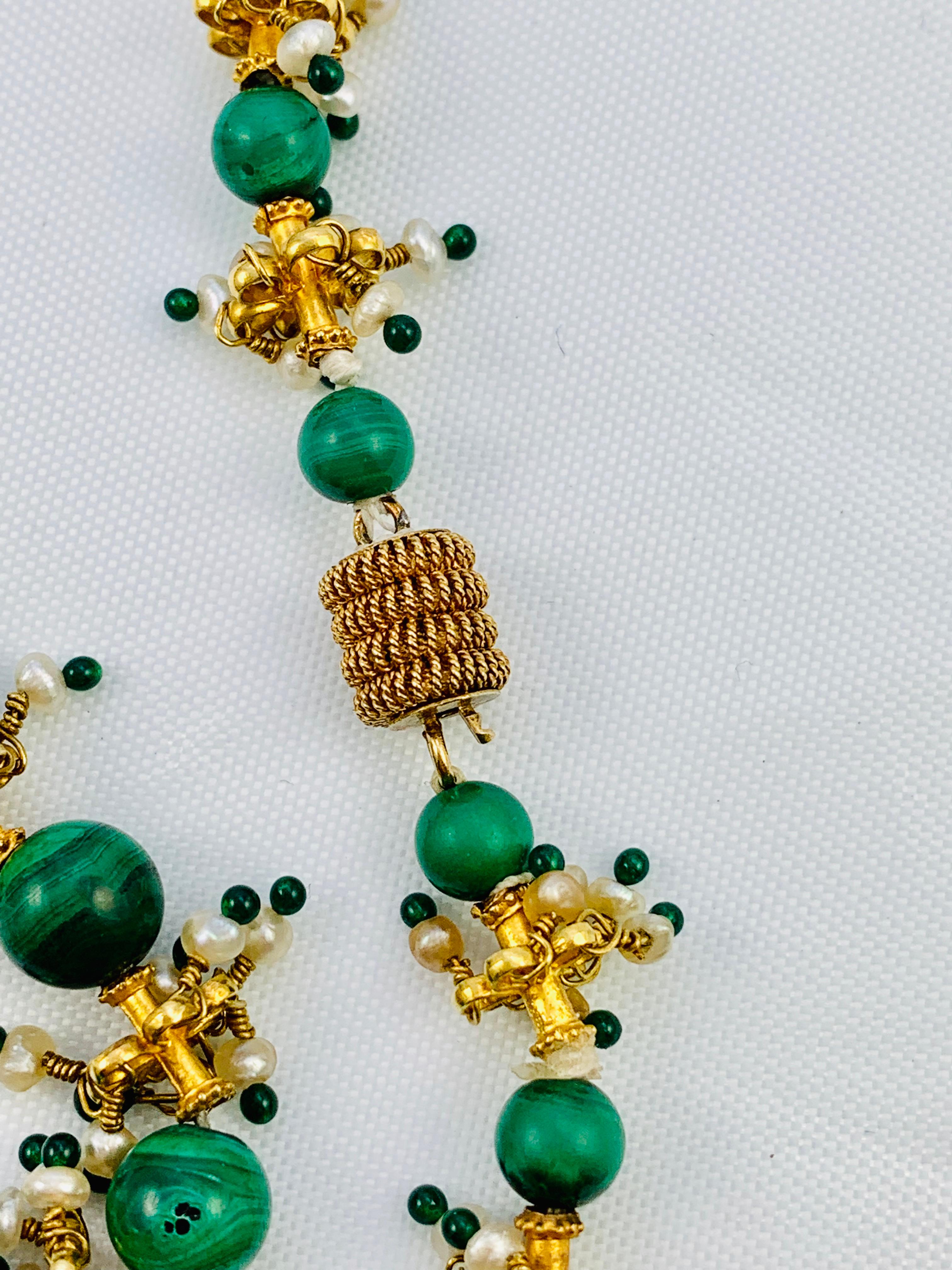 Artisan Middle Eastern 22 Karat Yellow Gold, Malachite, Pearl and Emerald Bead Necklace