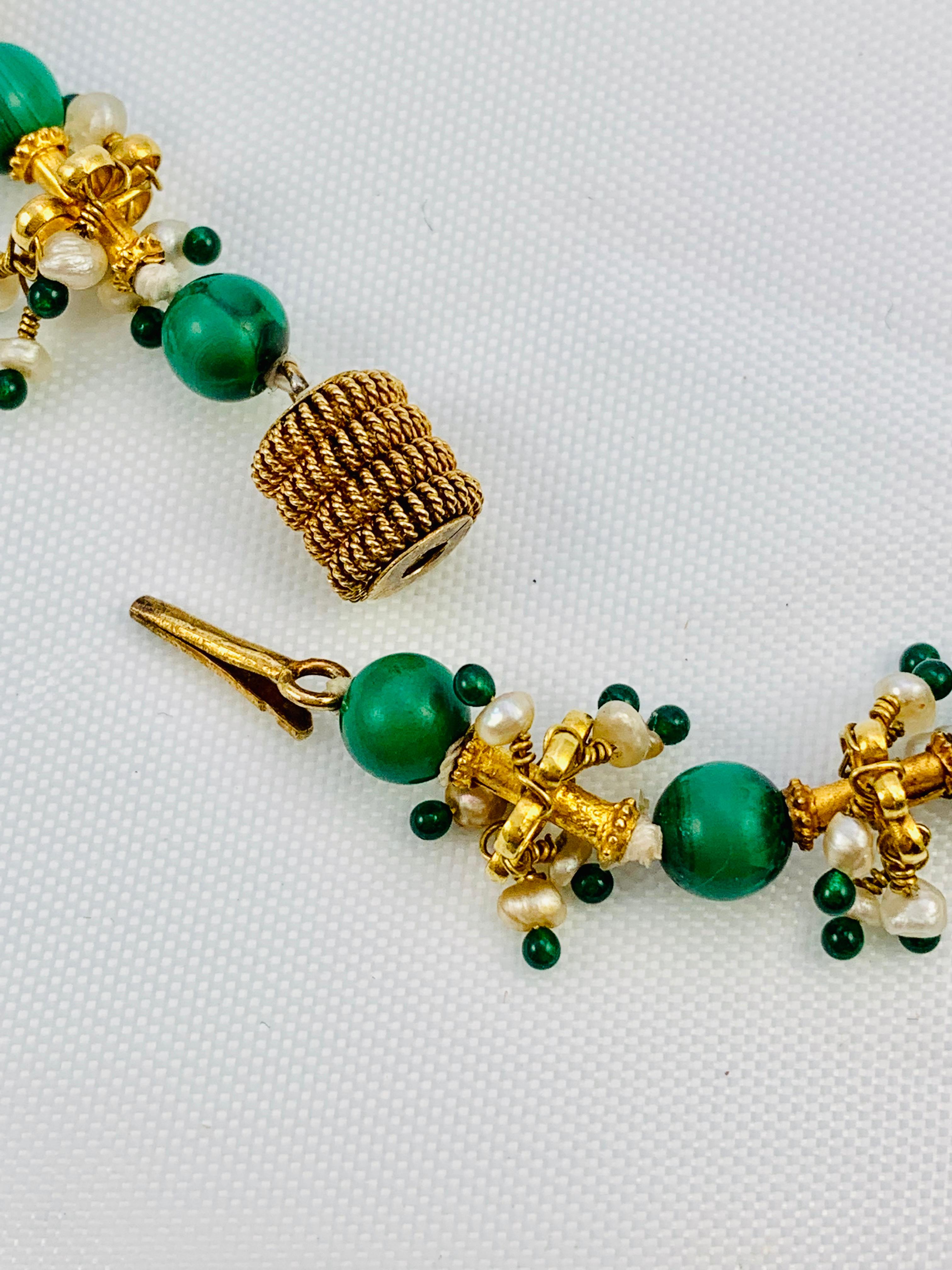 Round Cut Middle Eastern 22 Karat Yellow Gold, Malachite, Pearl and Emerald Bead Necklace