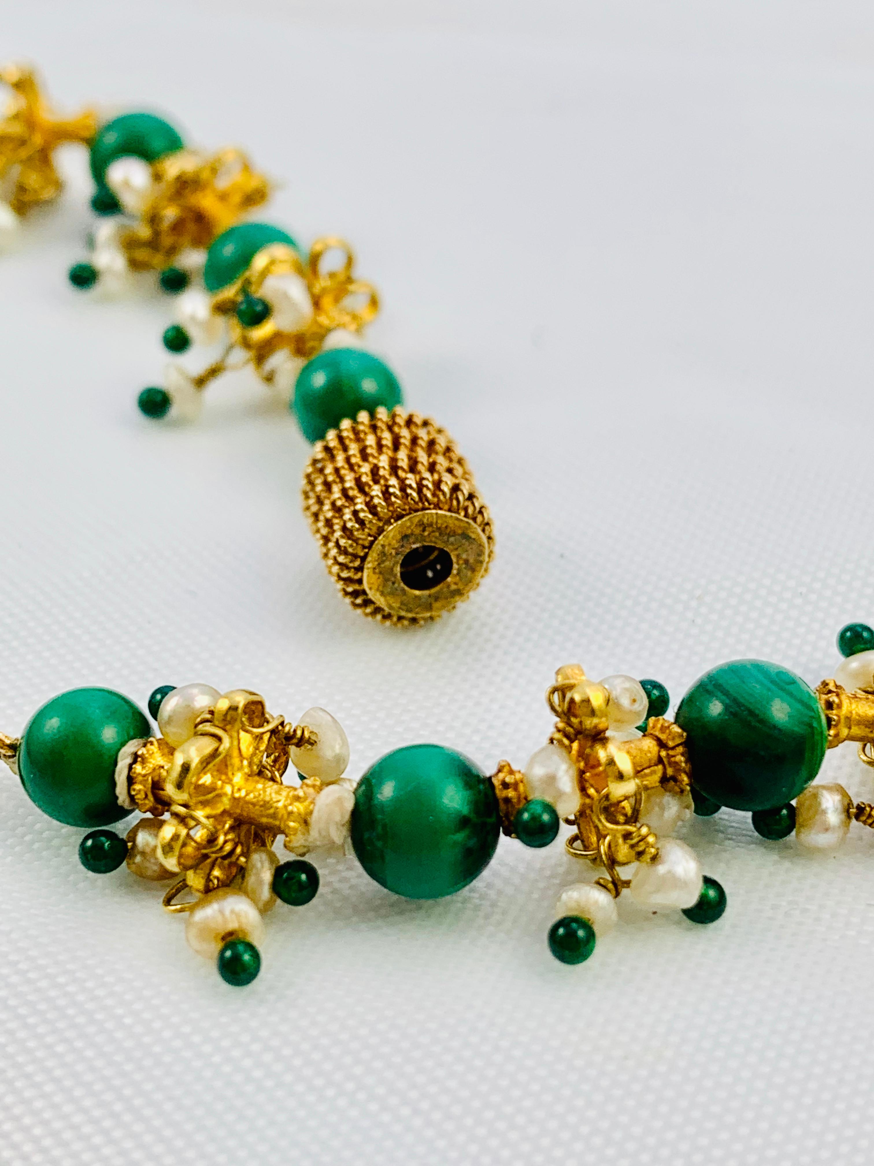 Middle Eastern 22 Karat Yellow Gold, Malachite, Pearl and Emerald Bead Necklace In Excellent Condition In Birmingham, AL
