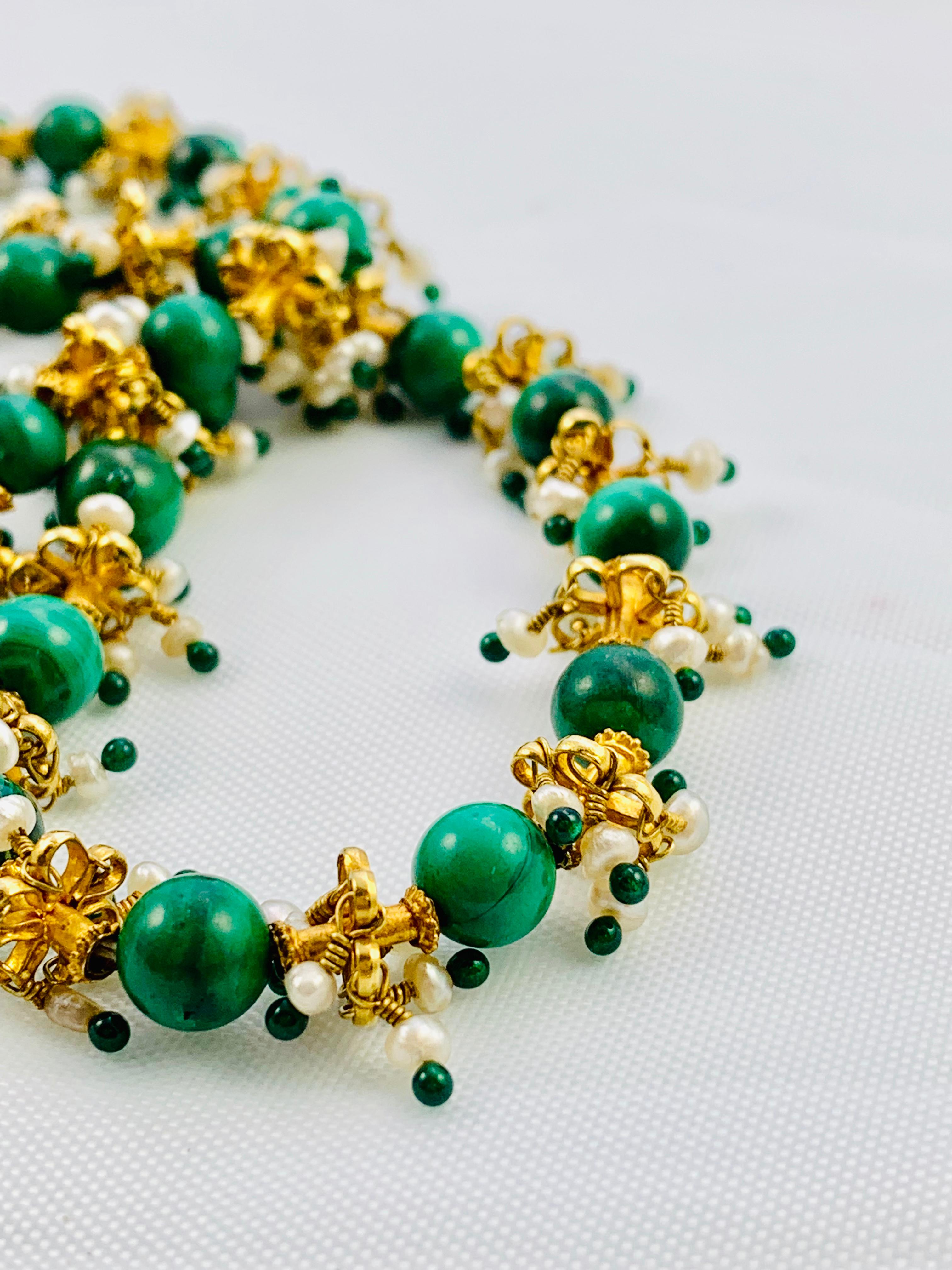 Middle Eastern 22 Karat Yellow Gold, Malachite, Pearl and Emerald Bead Necklace 1
