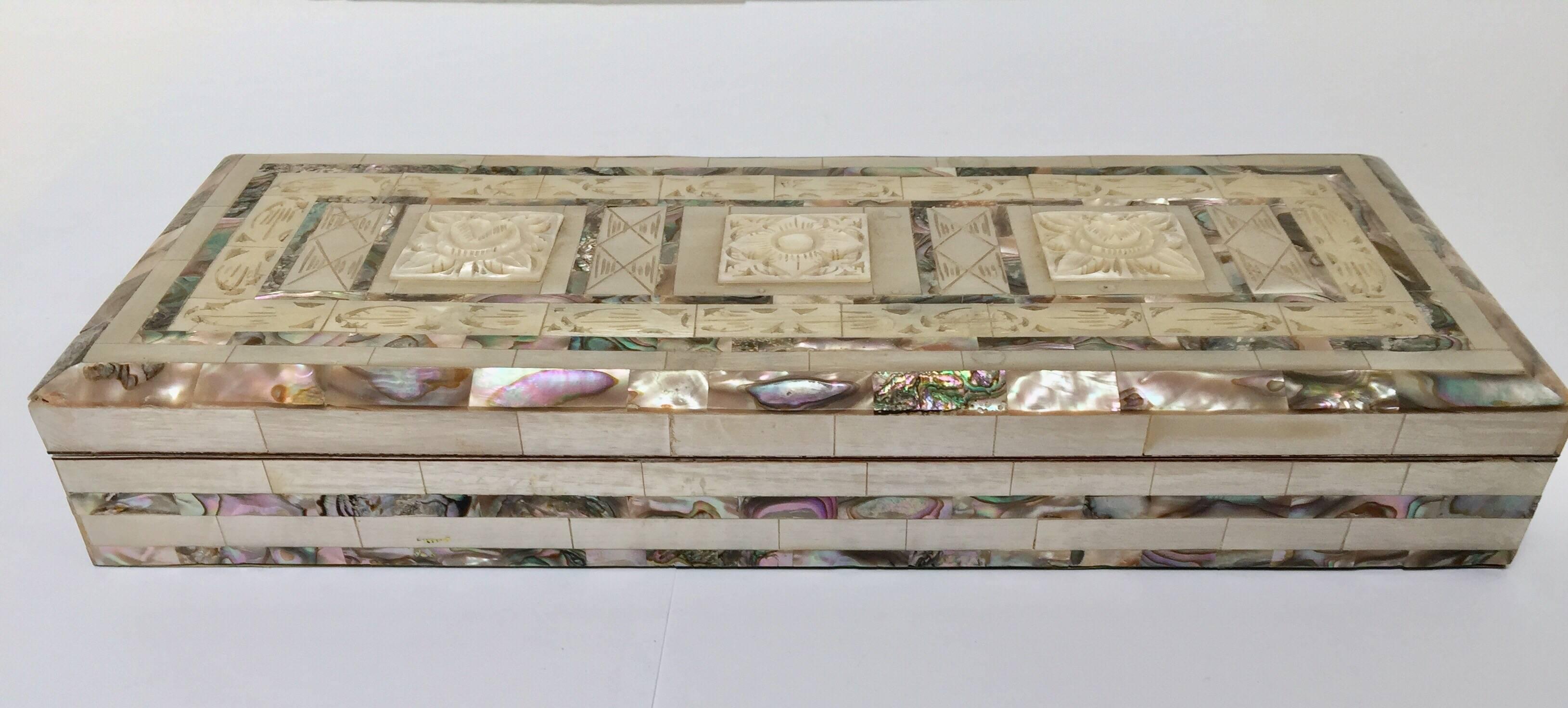 Anglo-Indian Middle Eastern Abalone and Mother-of-Pearl Inlay Large Rectangular Box