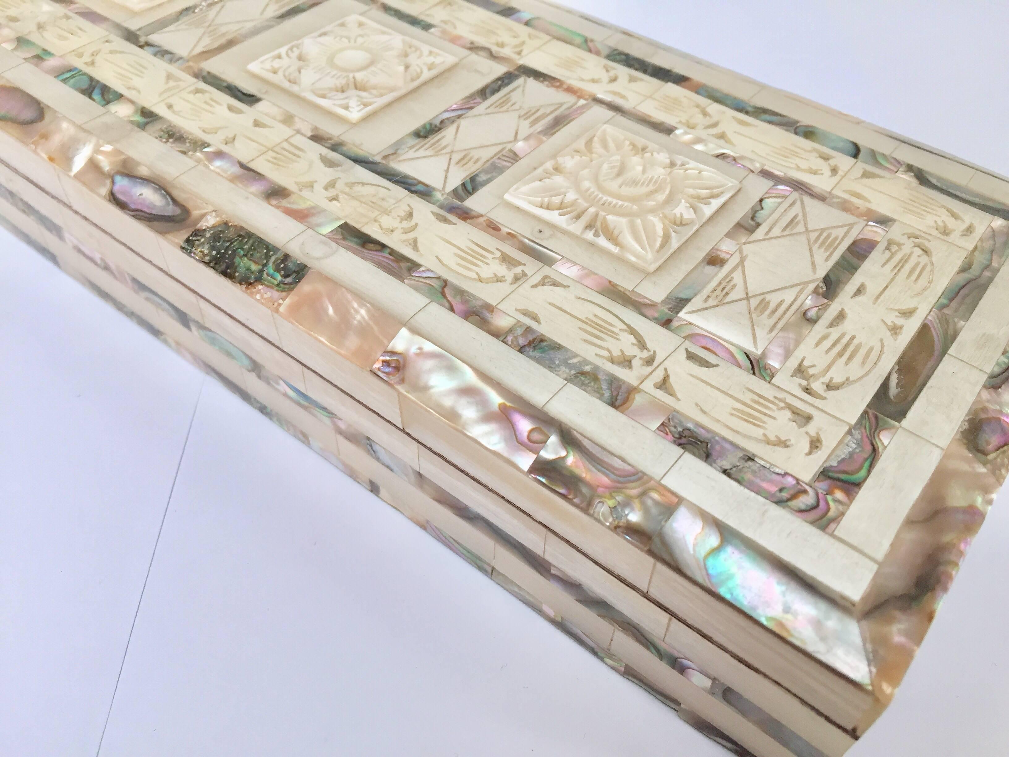Hand-Carved Middle Eastern Abalone and Mother-of-Pearl Inlay Large Rectangular Box