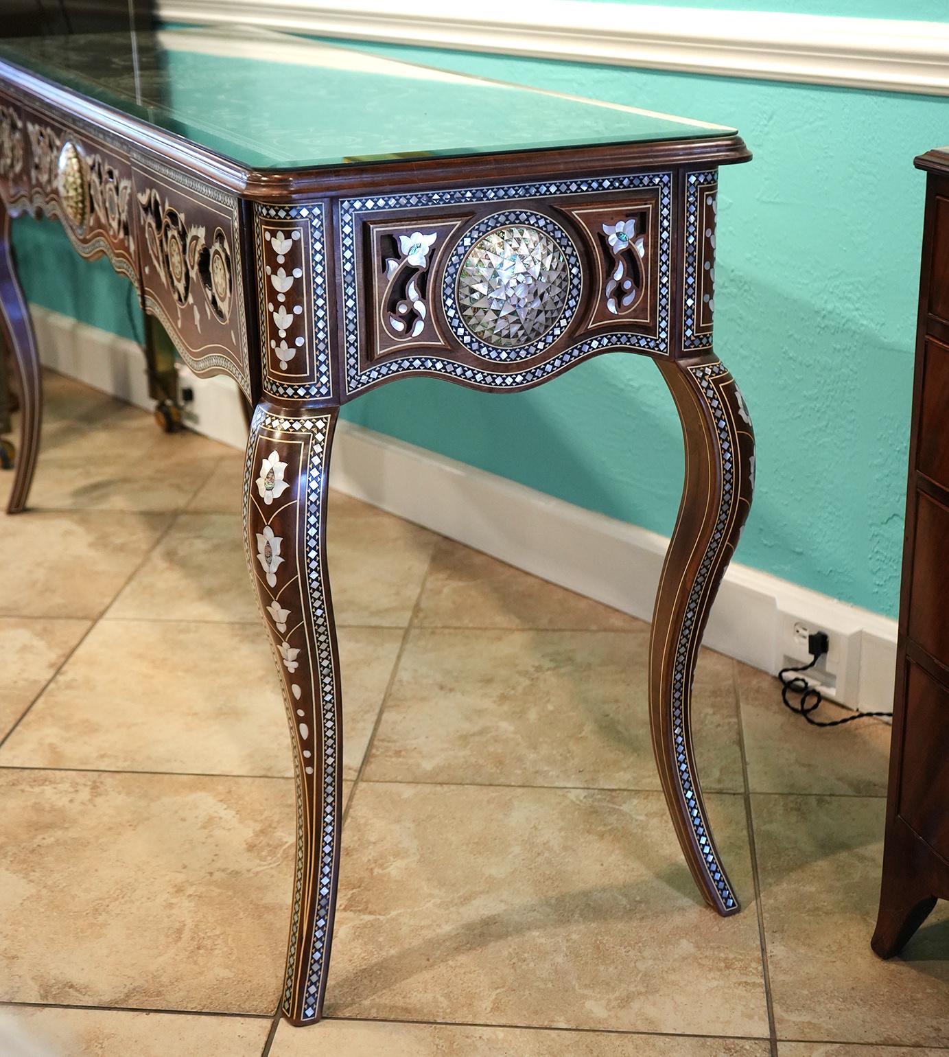 Middle Eastern Abelone and Mother of Pearl Inlaid Cabriole Leg Console Table  2