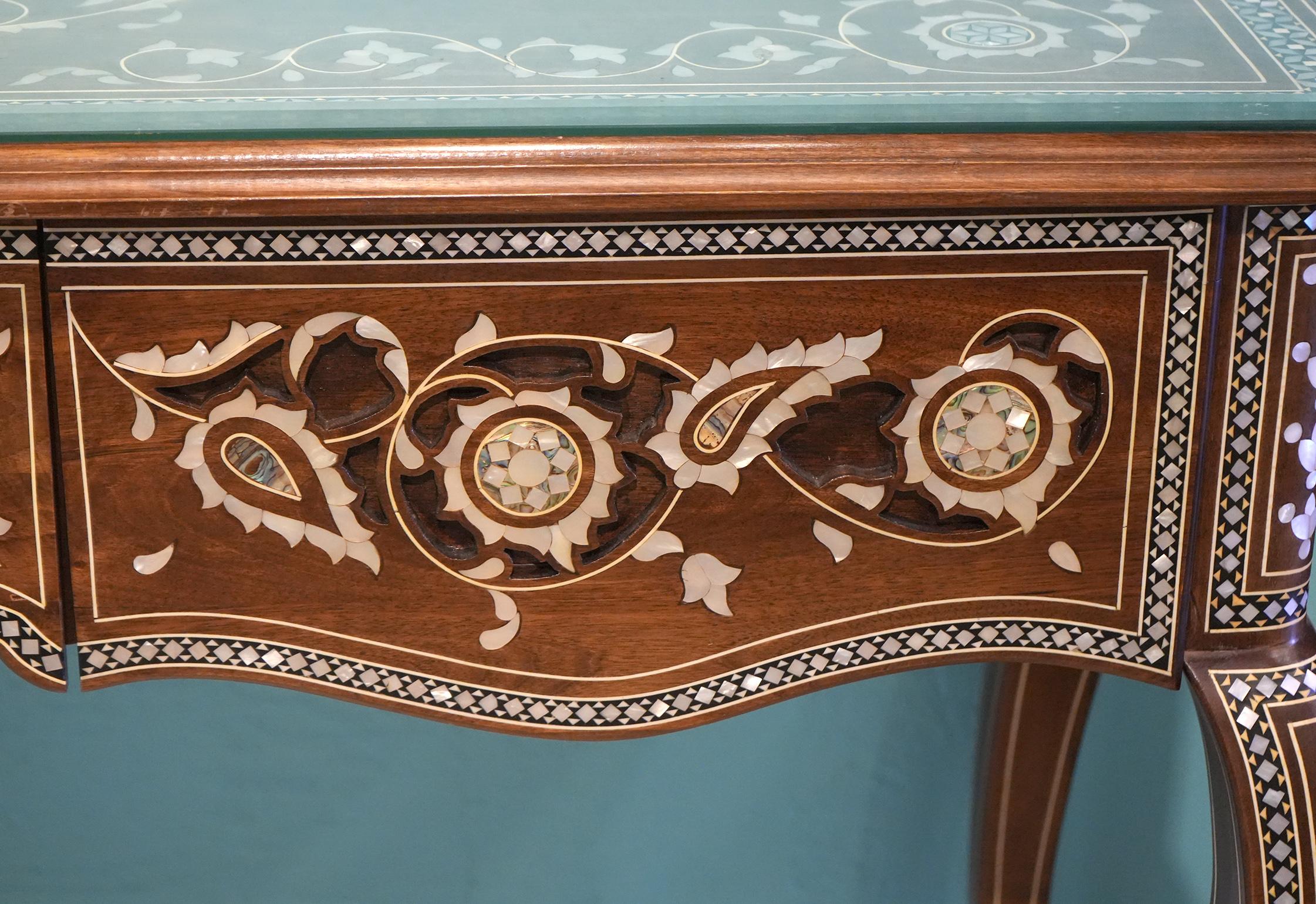 Islamic Middle Eastern Abelone and Mother of Pearl Inlaid Cabriole Leg Console Table 