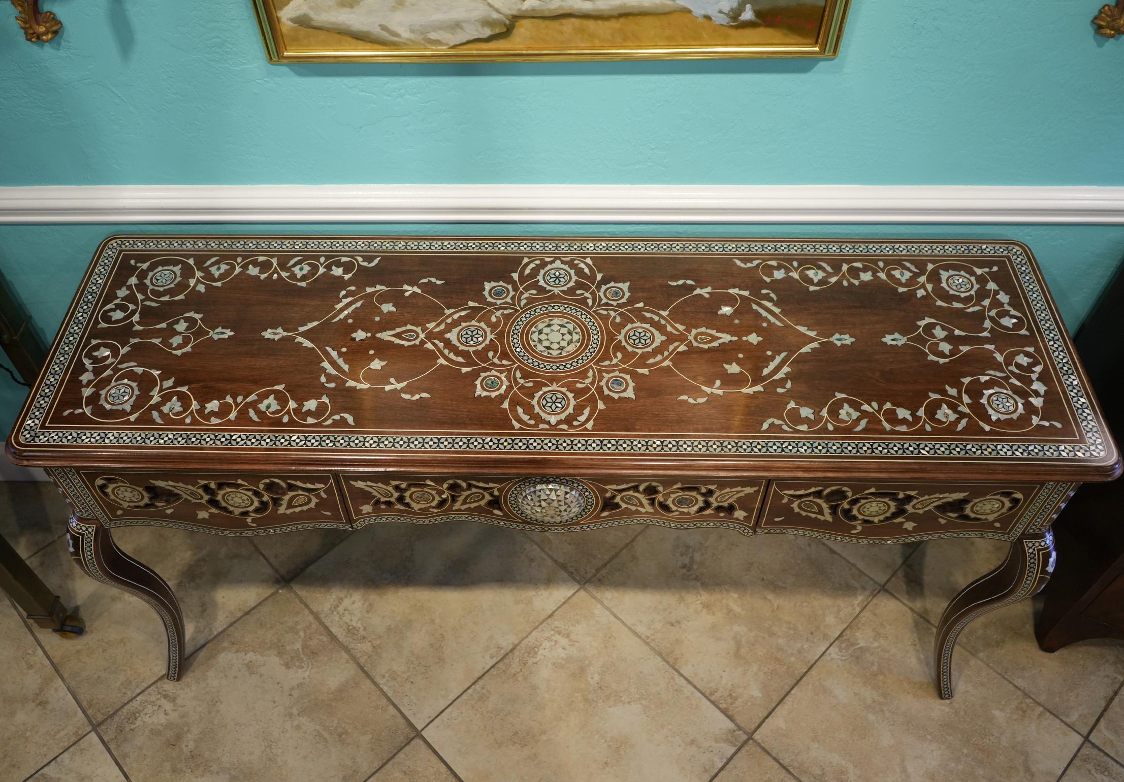 West Asian Middle Eastern Abelone and Mother of Pearl Inlaid Cabriole Leg Console Table 